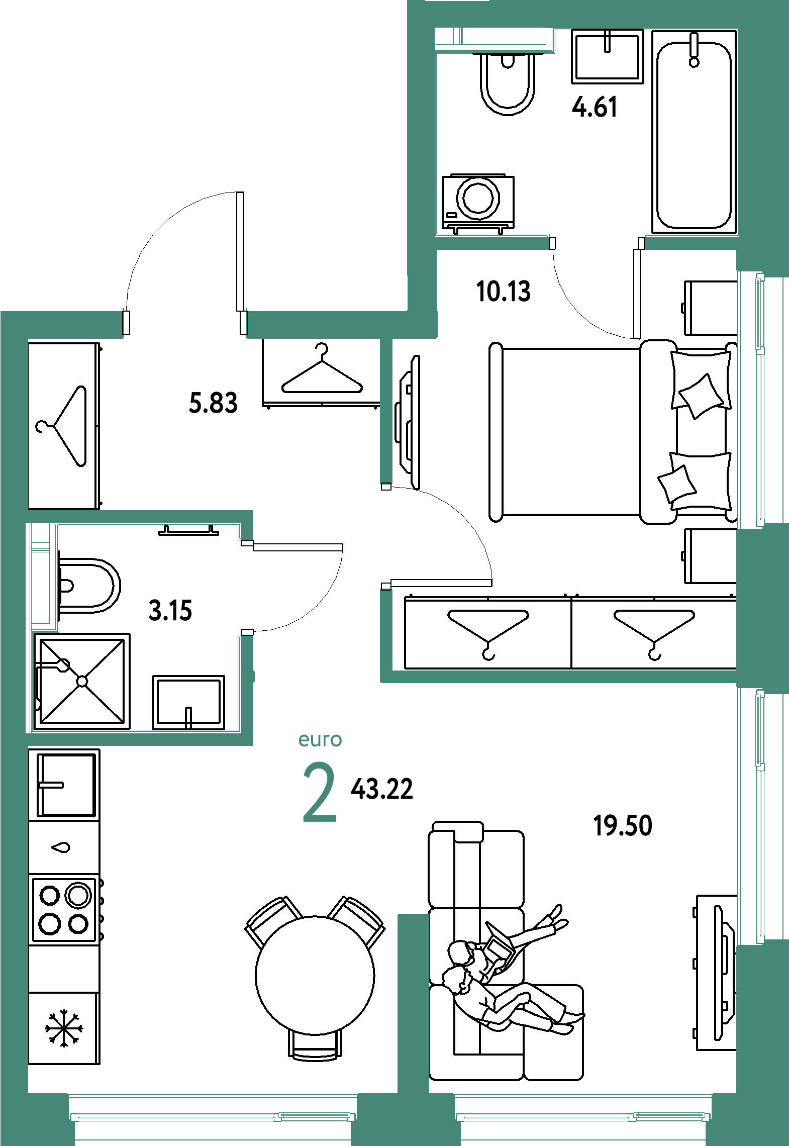 ЖК "Страна.Энтузиастов"-2-комнатная 43.22 м²