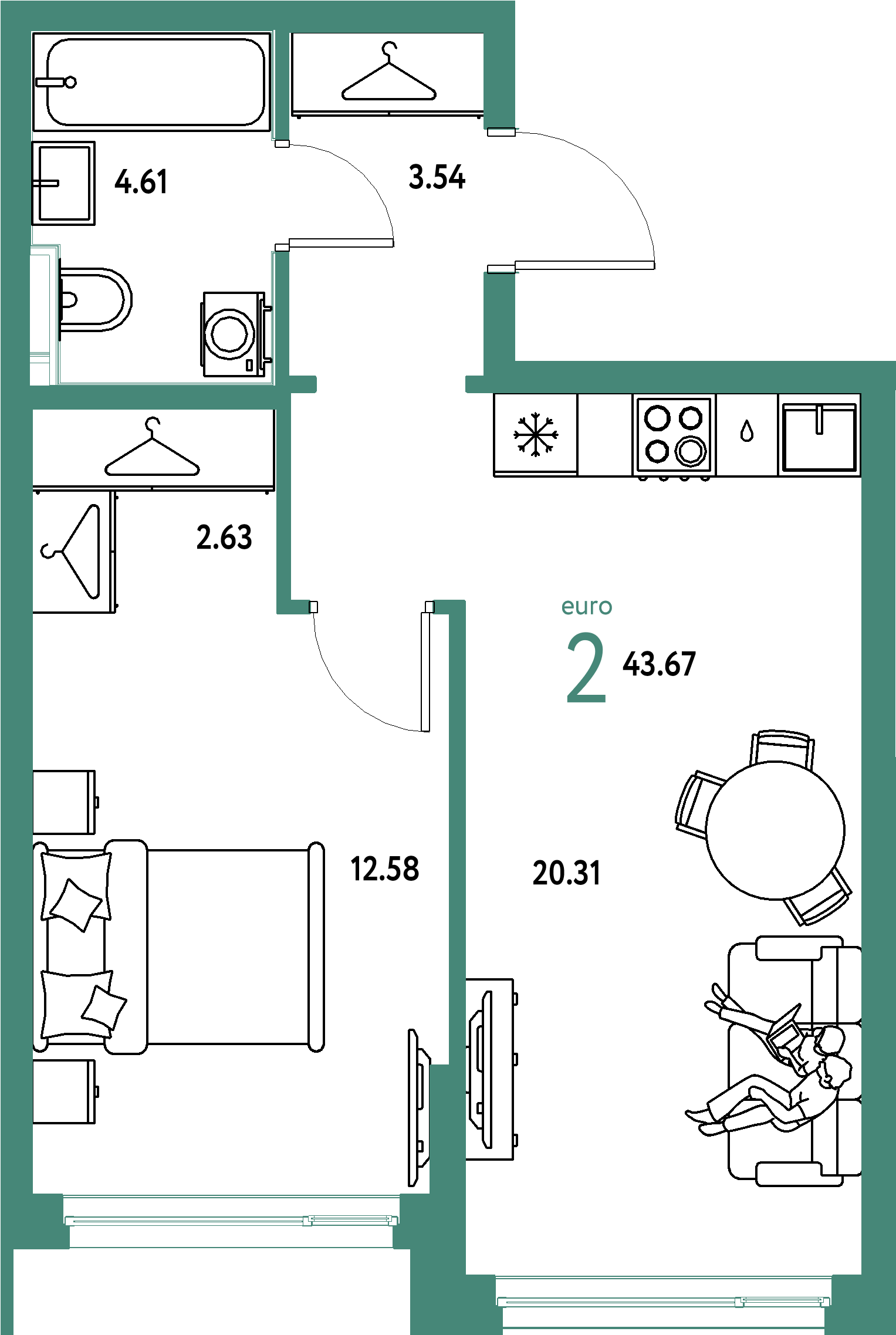 ЖК "Страна.Энтузиастов"-2-комнатная 43.67 м²