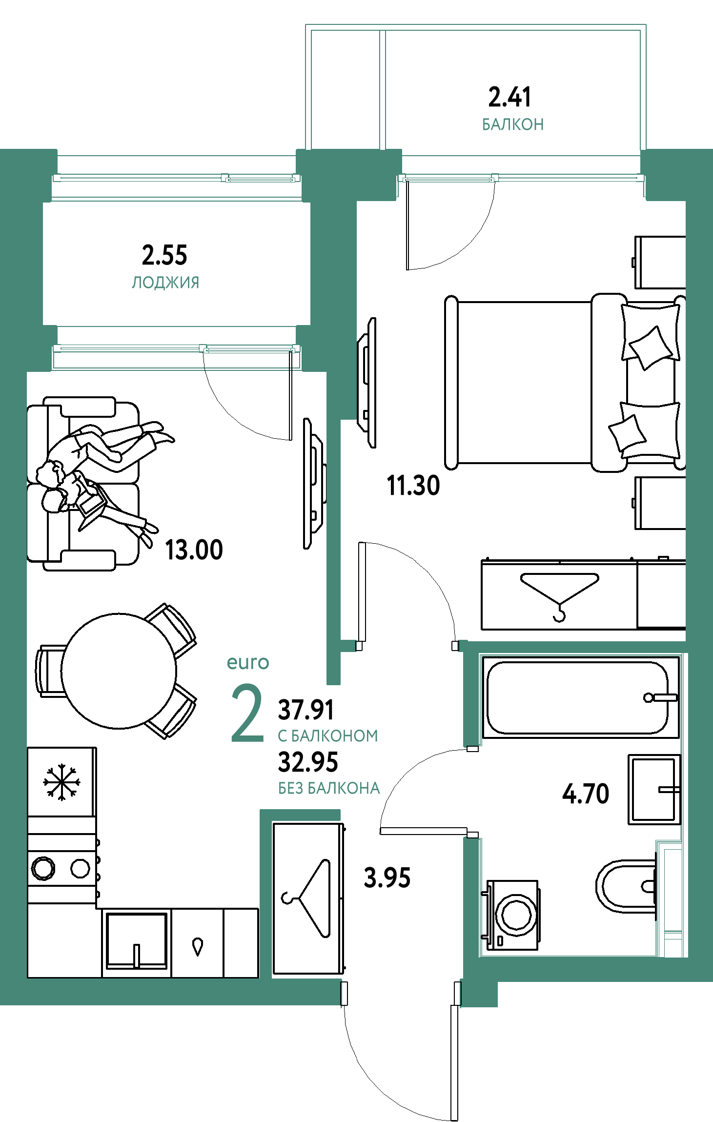 ЖК "Страна.Энтузиастов"-2-комнатная 37.91 м²
