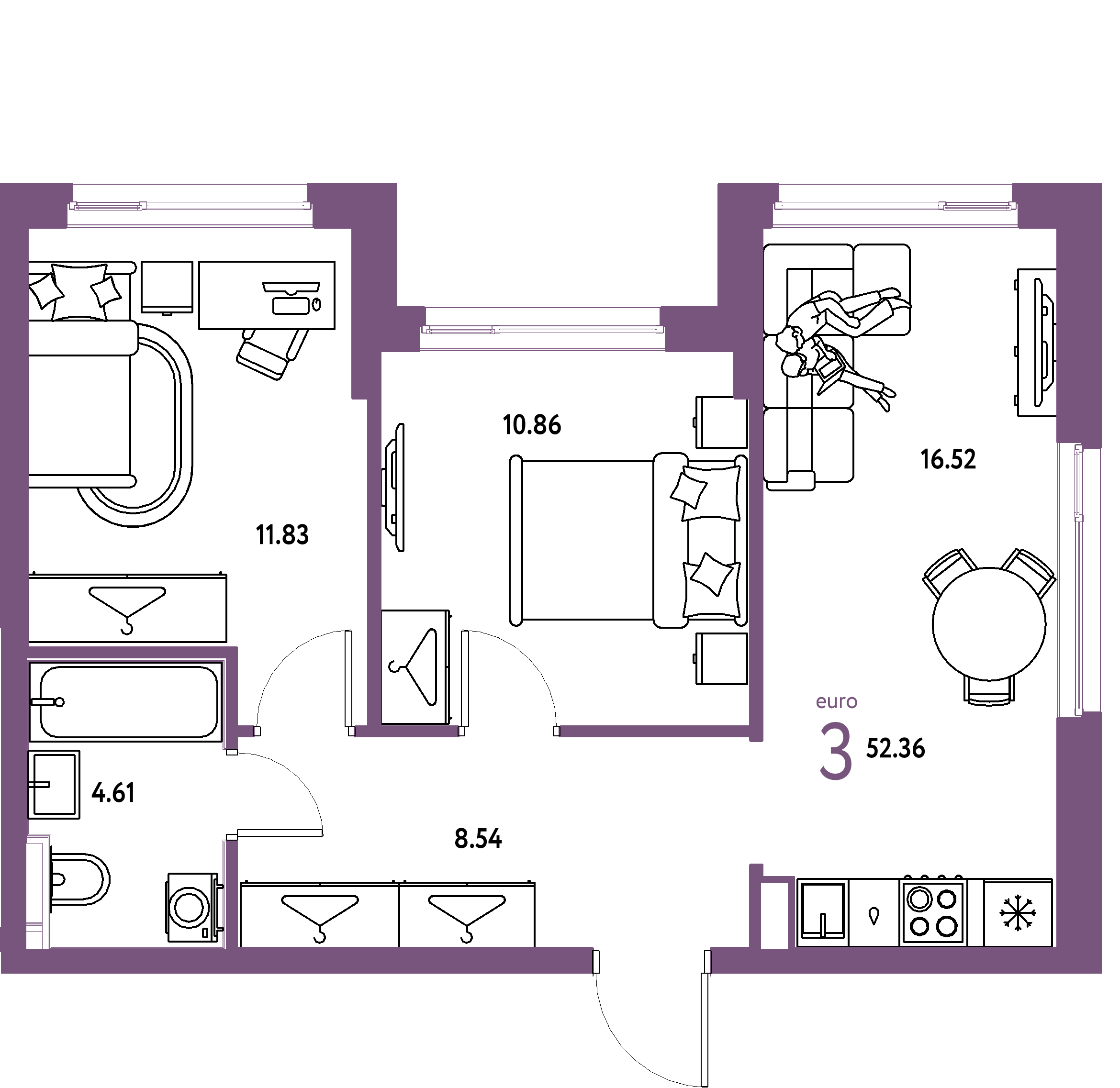 ЖК "Страна.Энтузиастов"-3-комнатная 52.36 м²