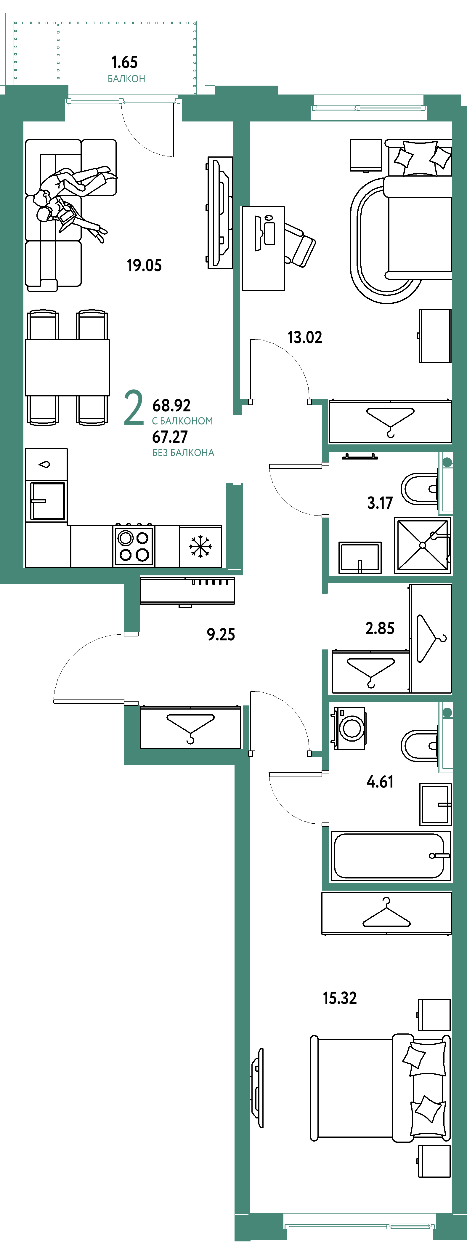ЖК "Уральский сад"-2-комнатная 68.92 м²