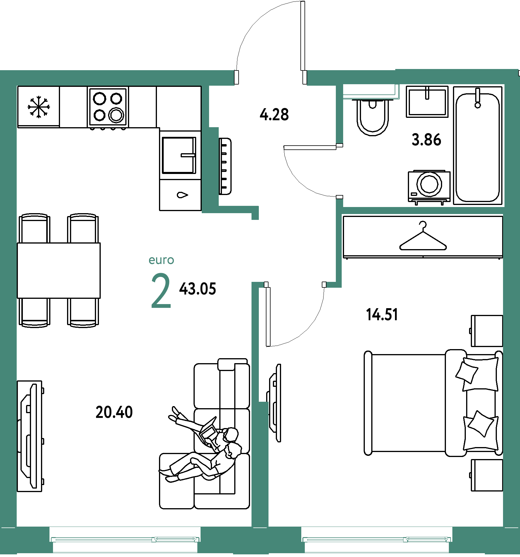ЖК "Уральский сад"-2-комнатная 43.05 м²