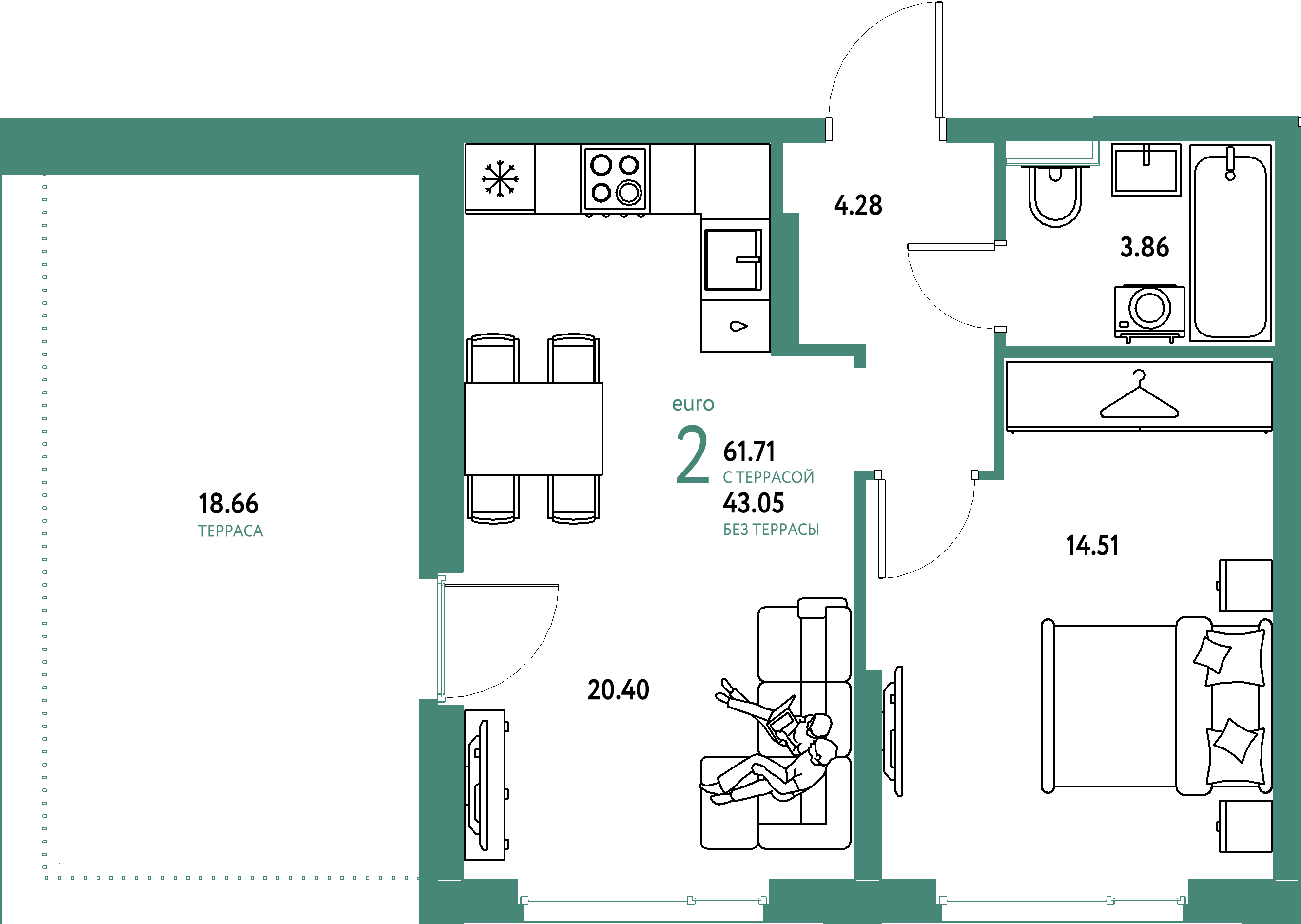 ЖК "Уральский сад"-2-комнатная 61.71 м²