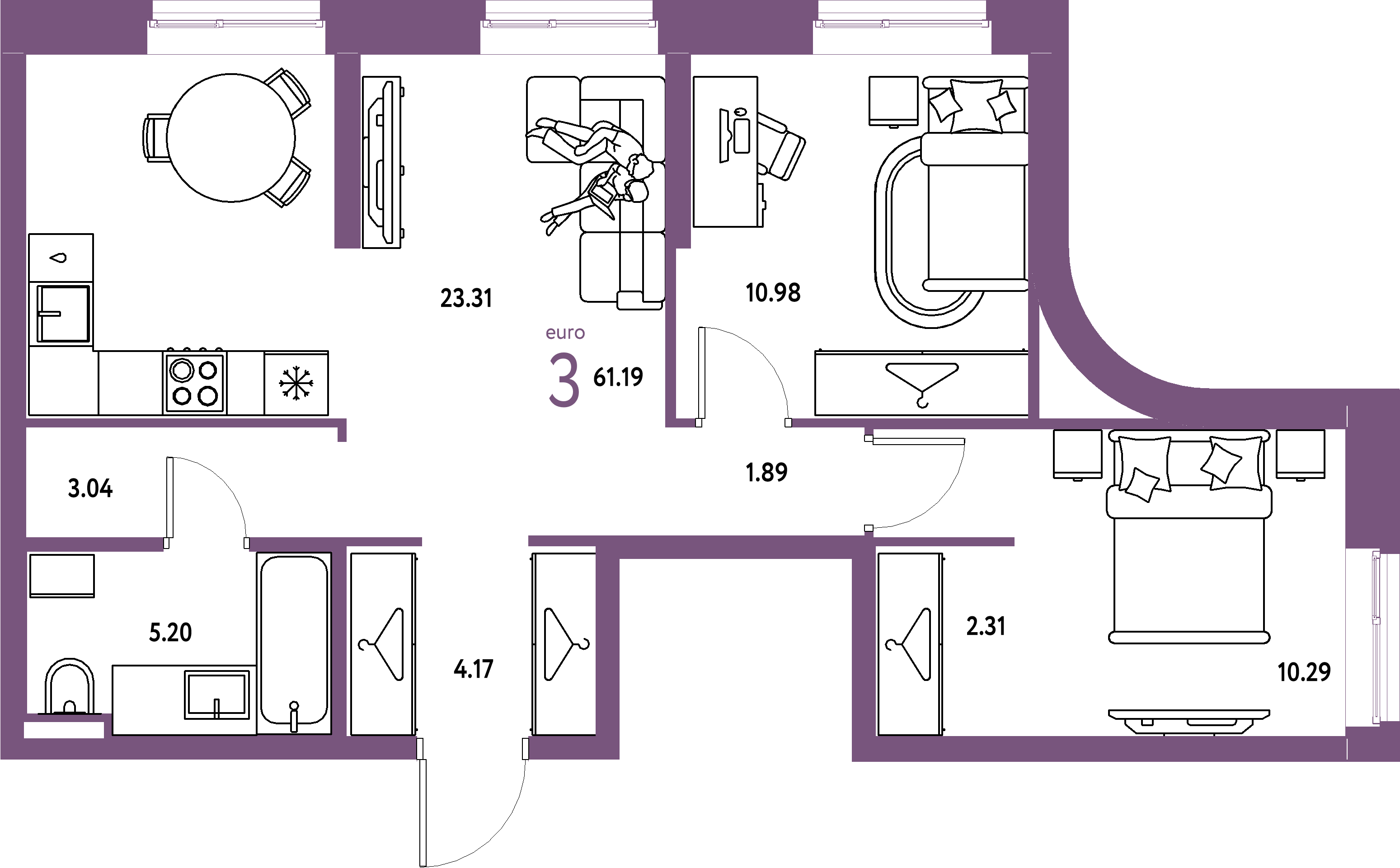 ЖК "Уральский сад"-3-комнатная 61.19 м²