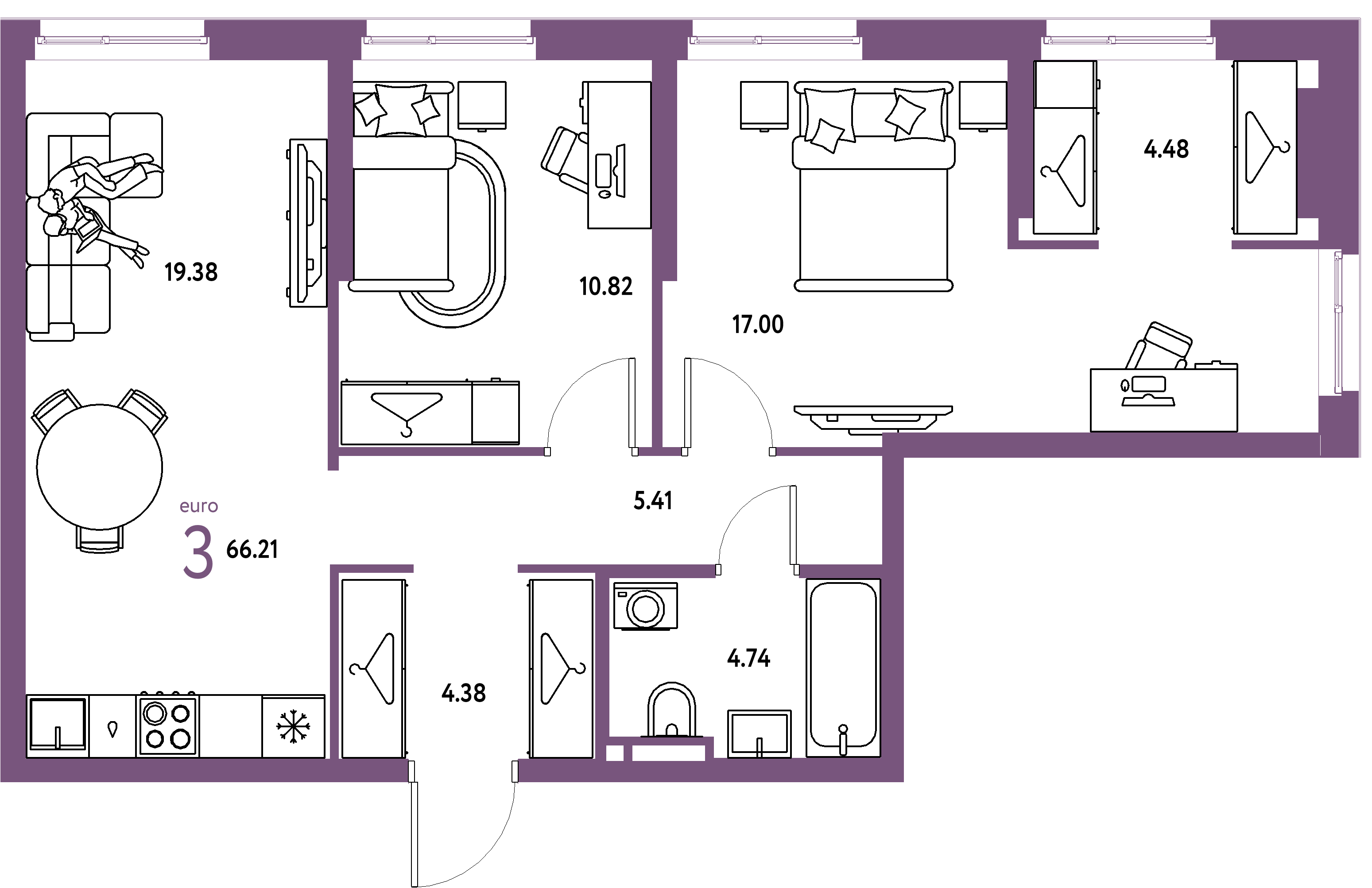 ЖК "Уральский сад"-3-комнатная 66.21 м²