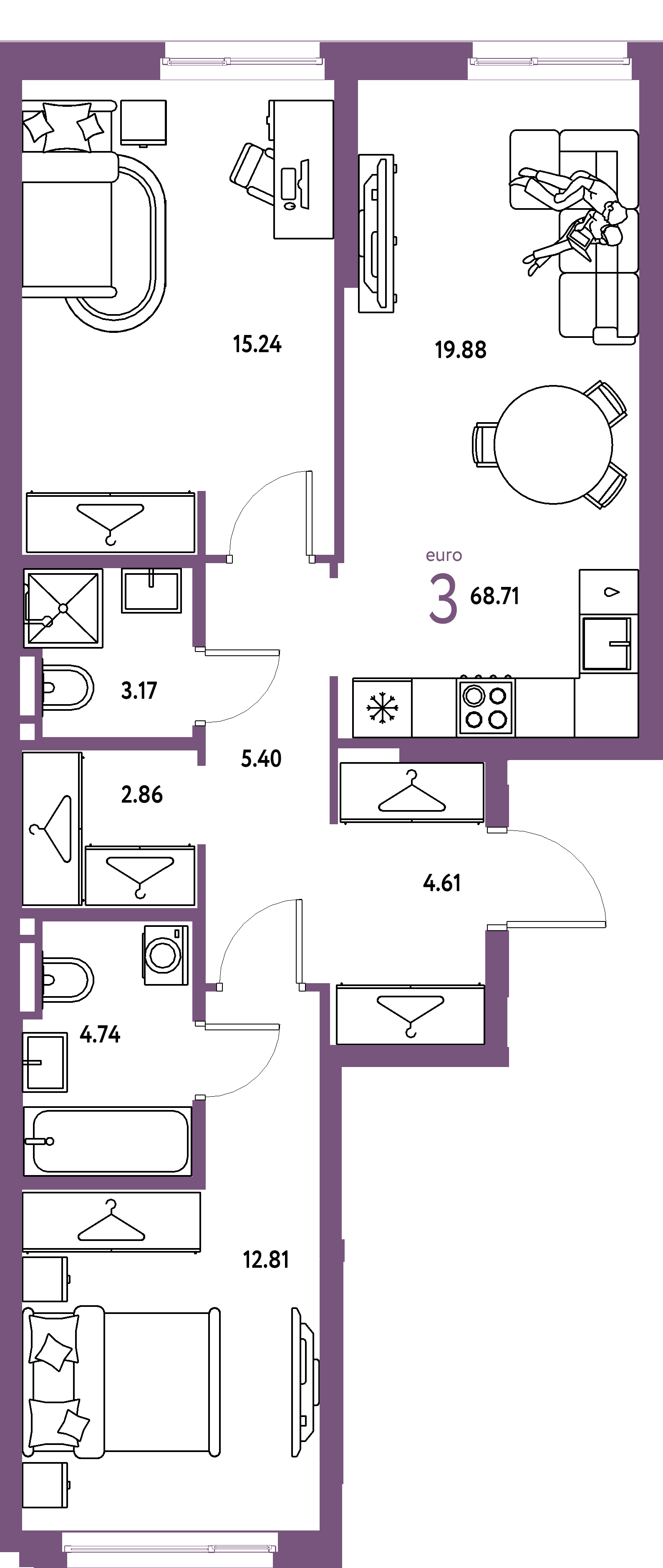 ЖК "Уральский сад"-3-комнатная 68.71 м²