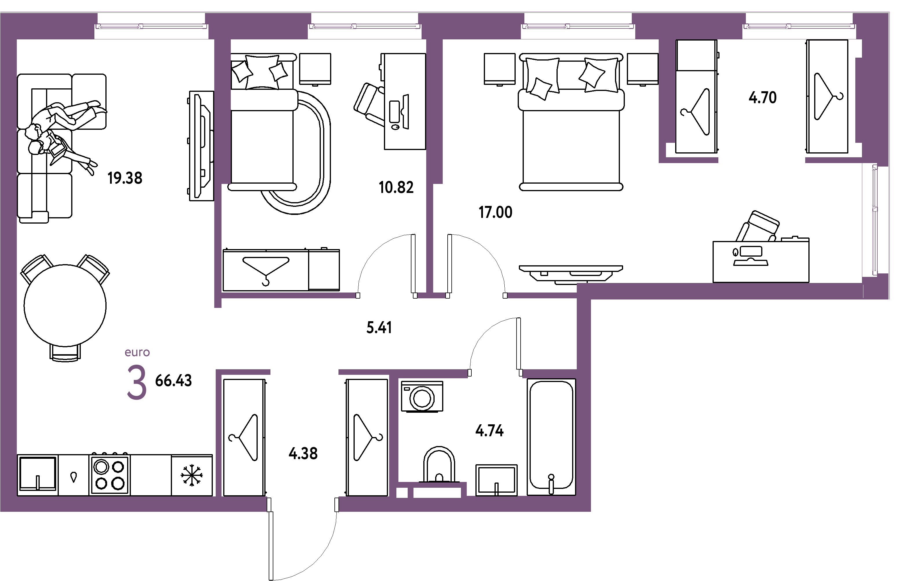 ЖК "Уральский сад"-3-комнатная 66.43 м²