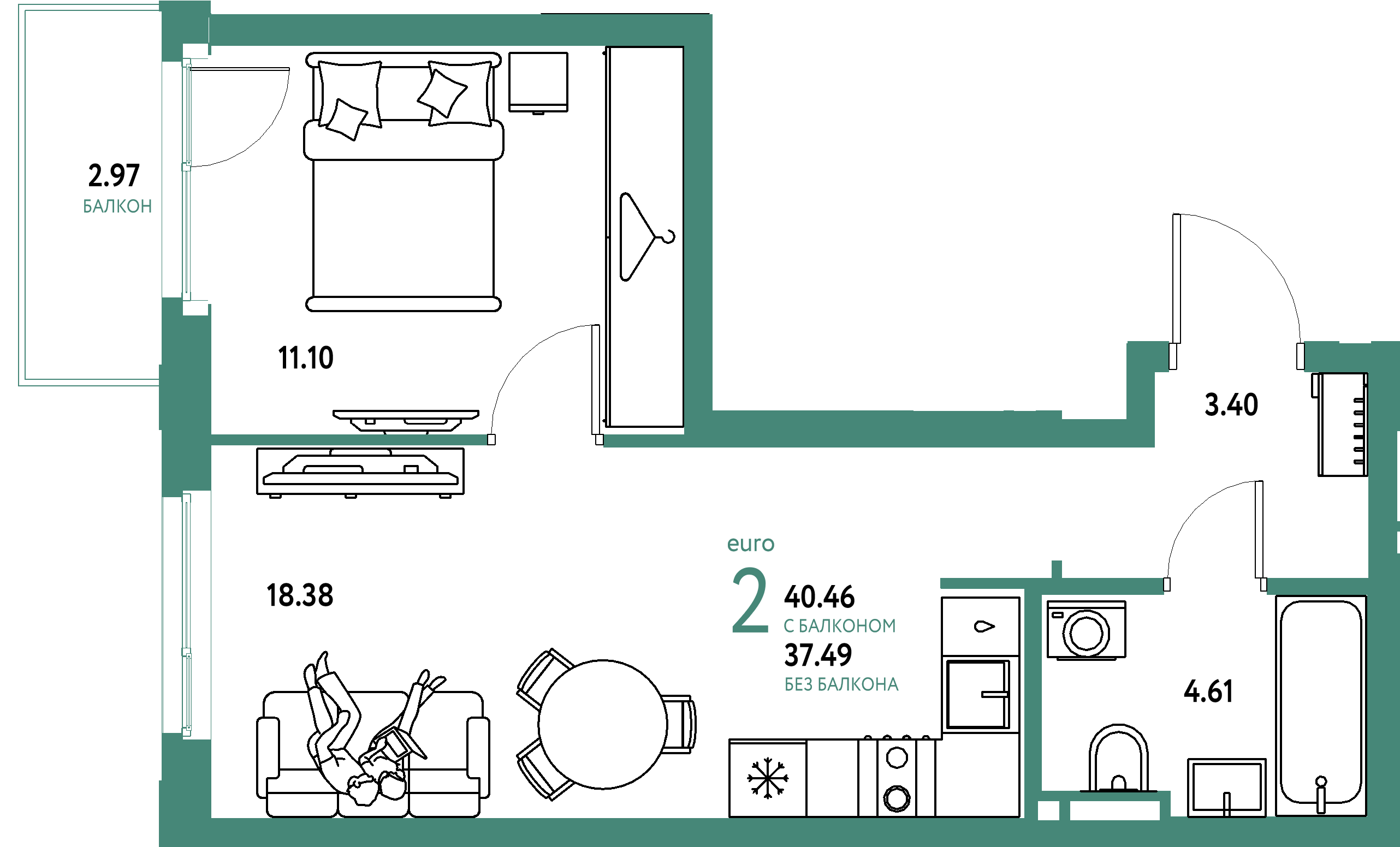 ЖК "Уральский сад"-2-комнатная 40.46 м²