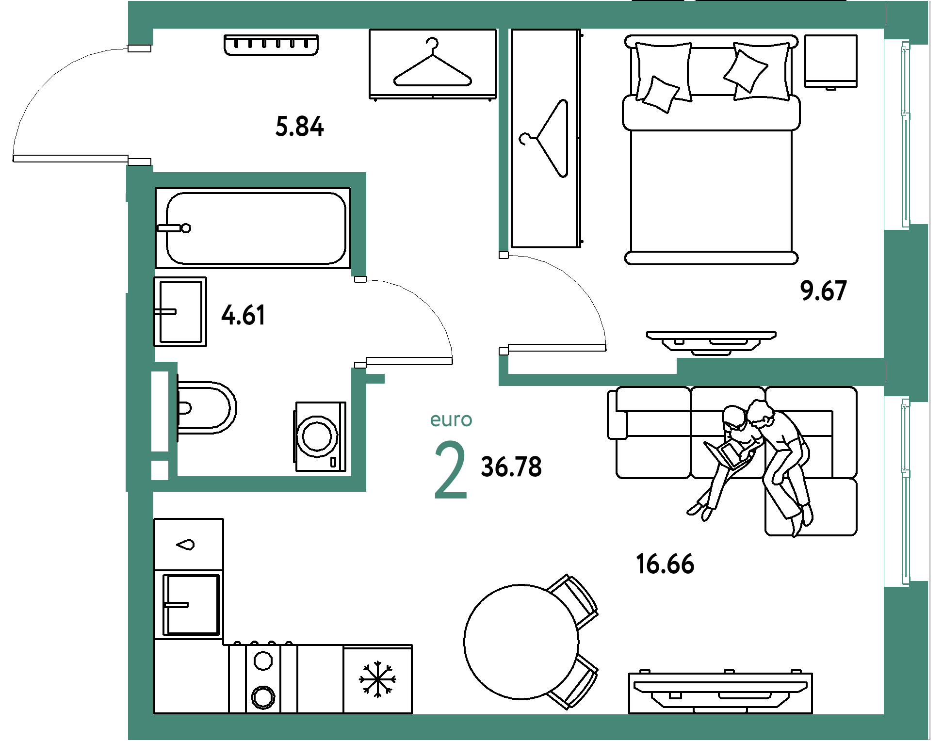 ЖК "Уральский сад"-2-комнатная 36.78 м²