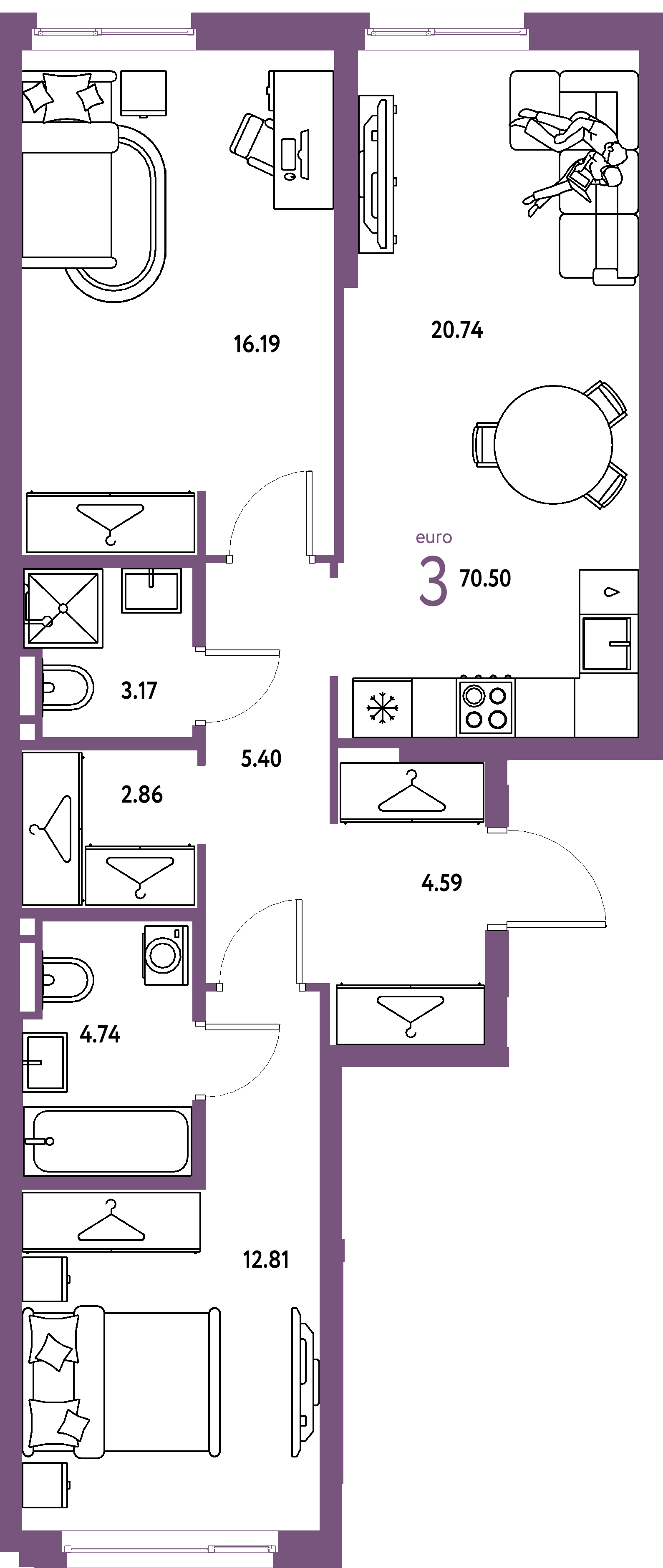 ЖК "Уральский сад"-3-комнатная 70.5 м²