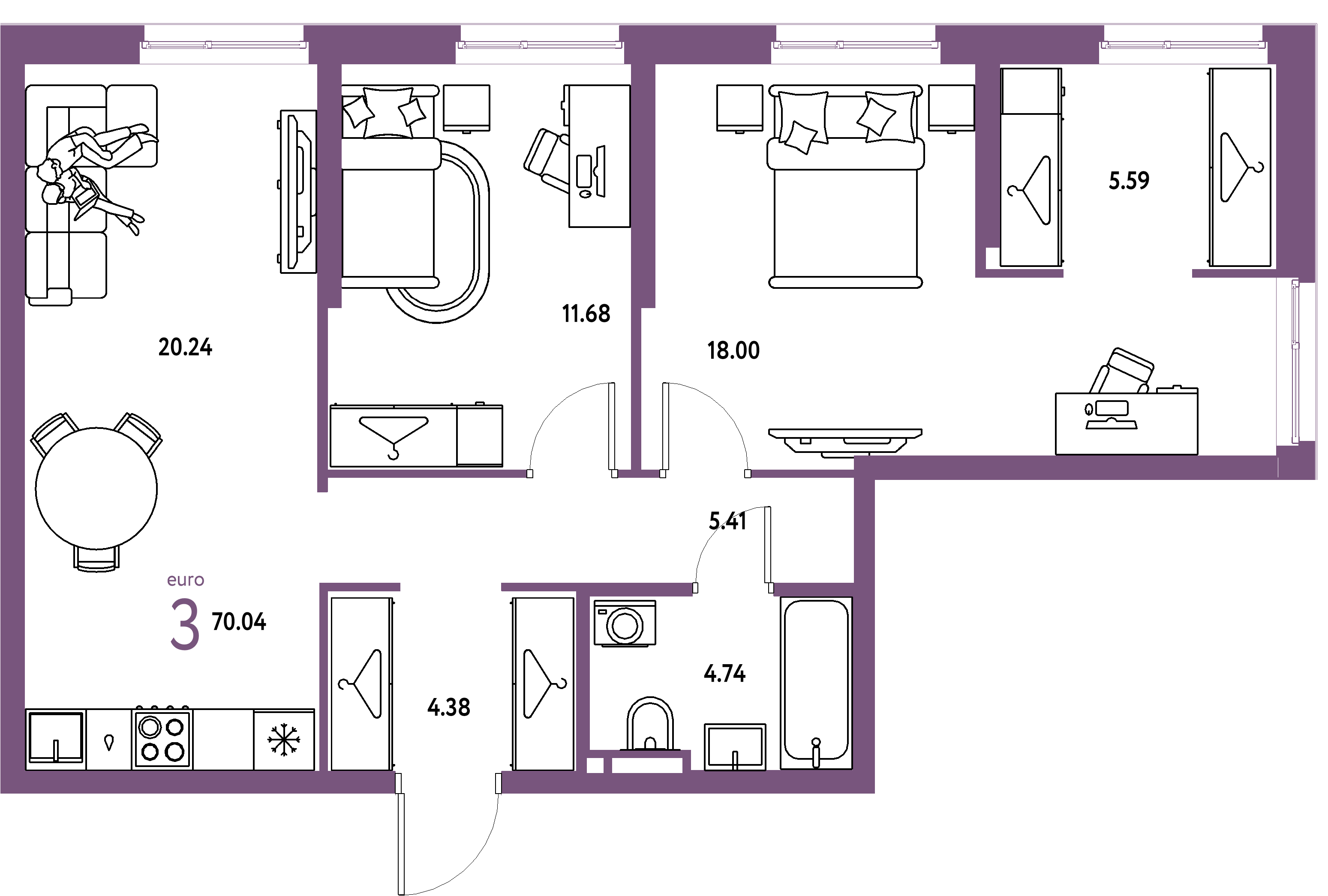 ЖК "Уральский сад"-3-комнатная 70.04 м²