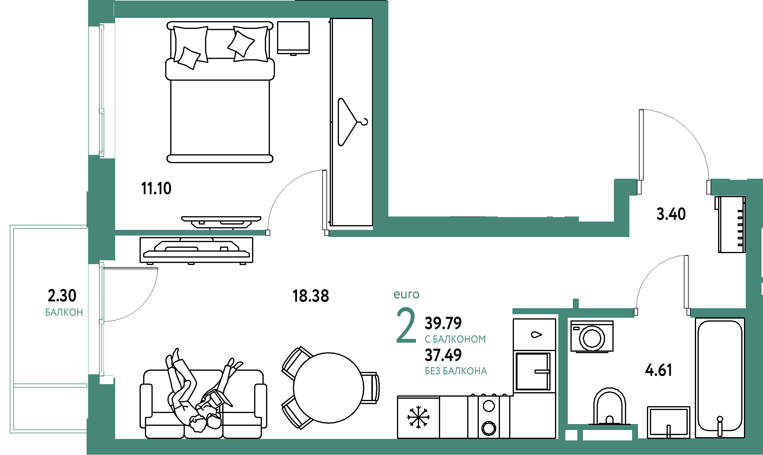 ЖК "Уральский сад"-2-комнатная 39.79 м²
