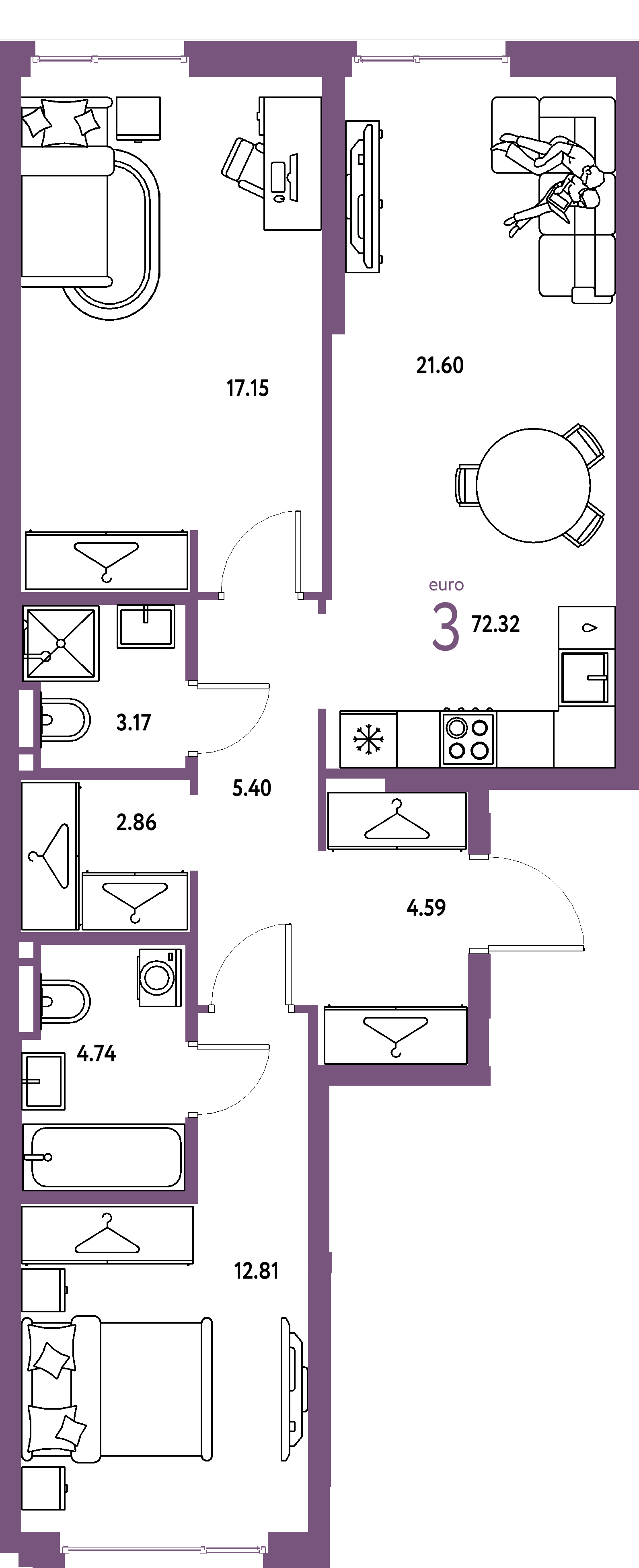 ЖК "Уральский сад"-3-комнатная 72.32 м²