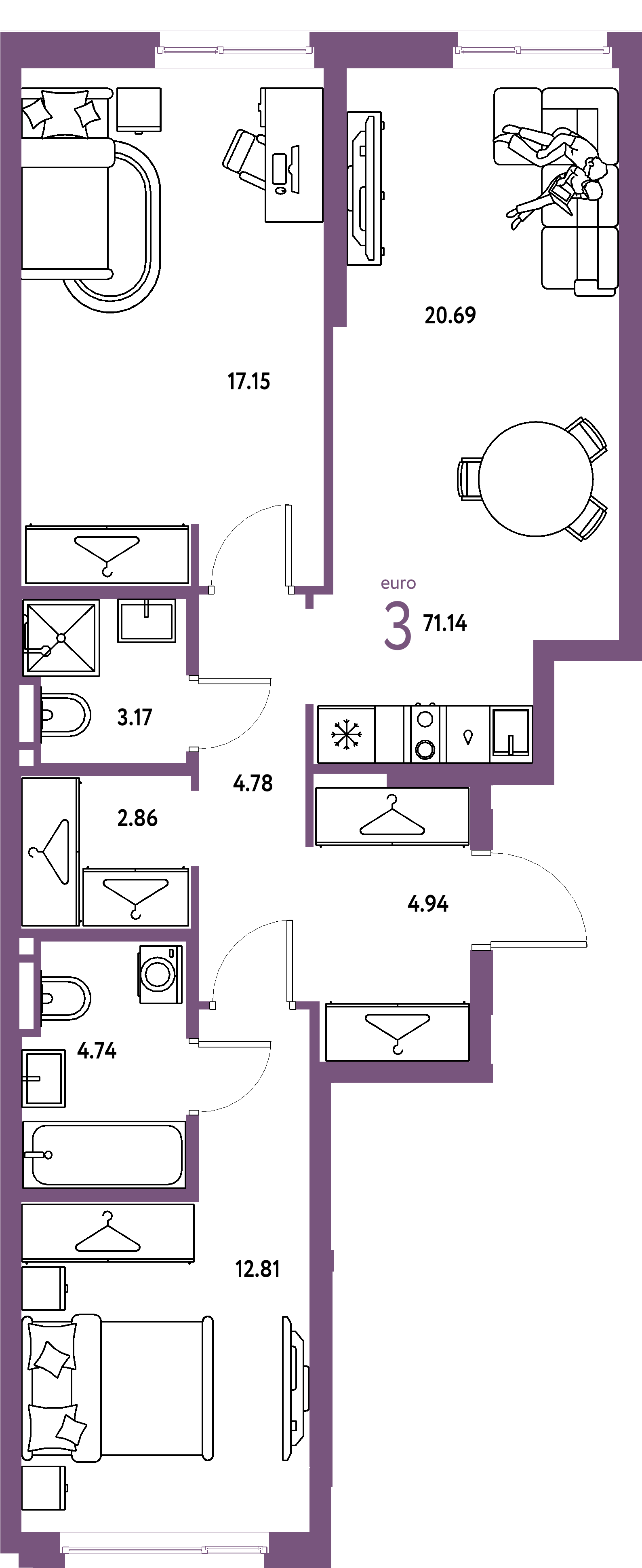 ЖК "Уральский сад"-3-комнатная 71.14 м²