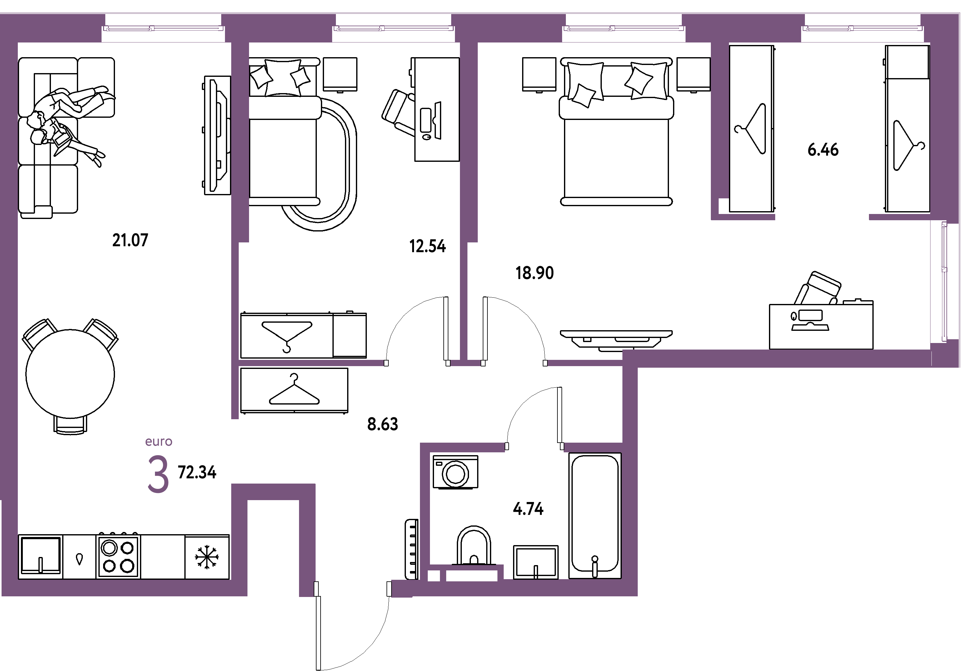 ЖК "Уральский сад"-3-комнатная 72.34 м²