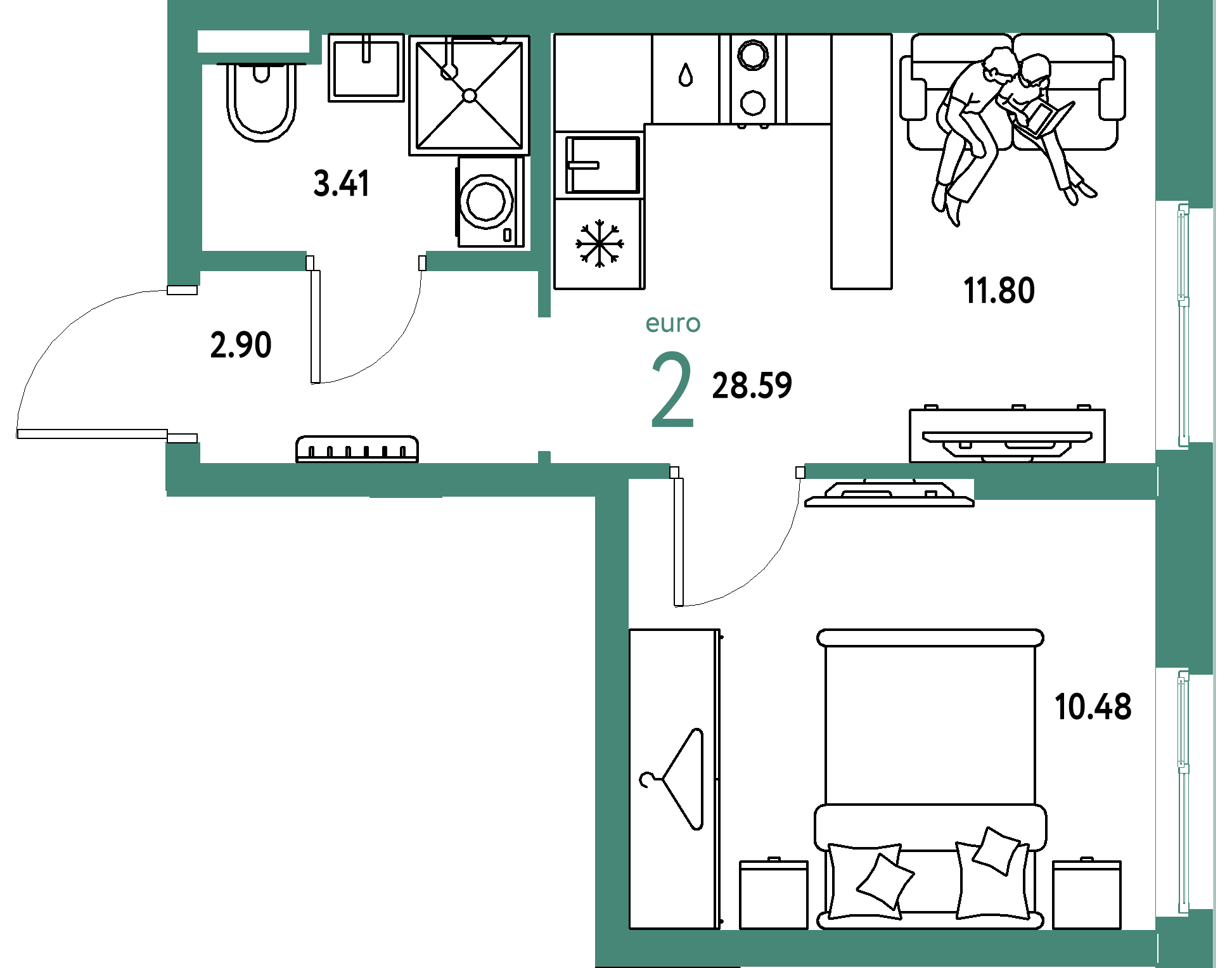 ЖК "Уральский сад"-2-комнатная 28.59 м²