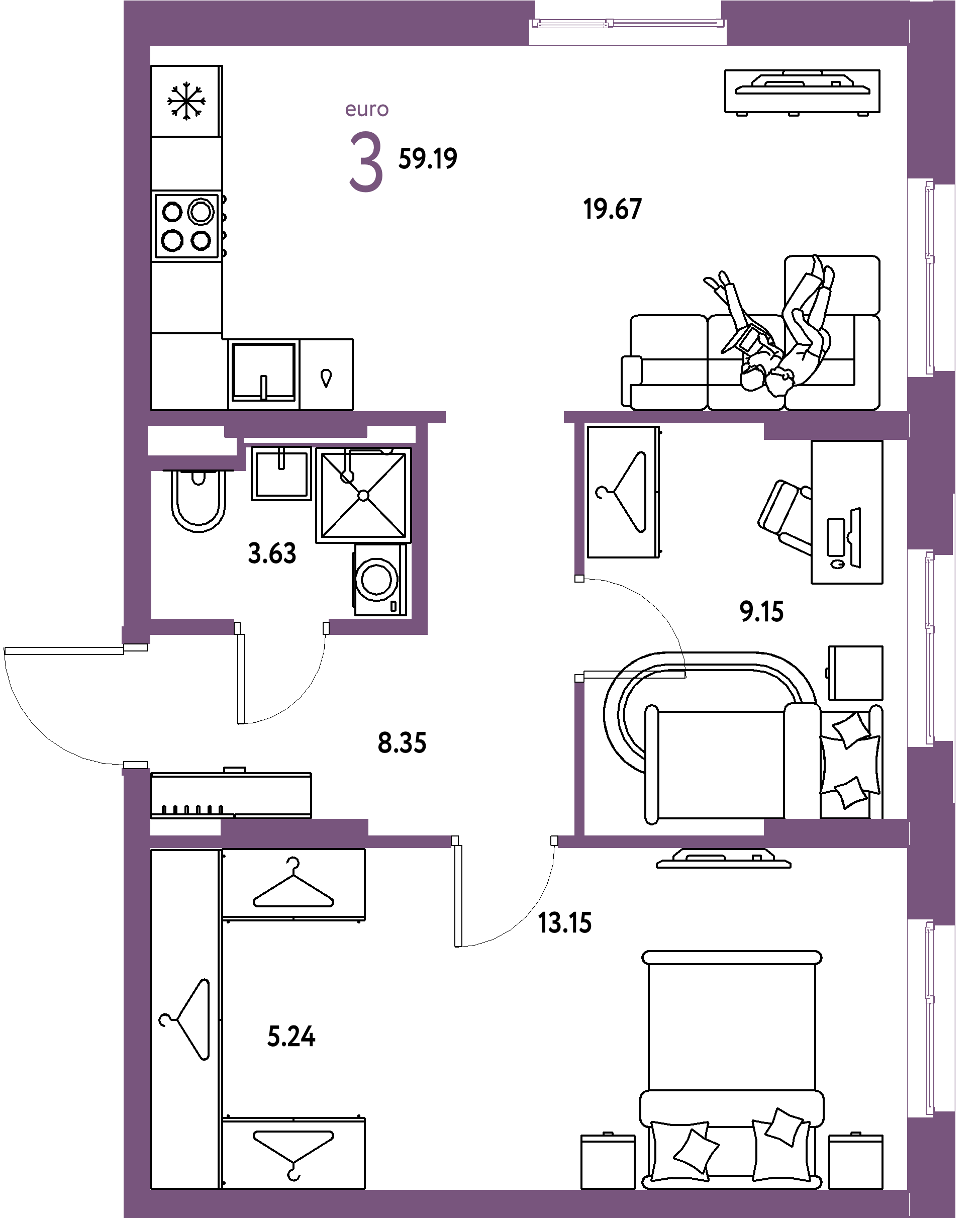 ЖК "Уральский сад"-3-комнатная 59.19 м²