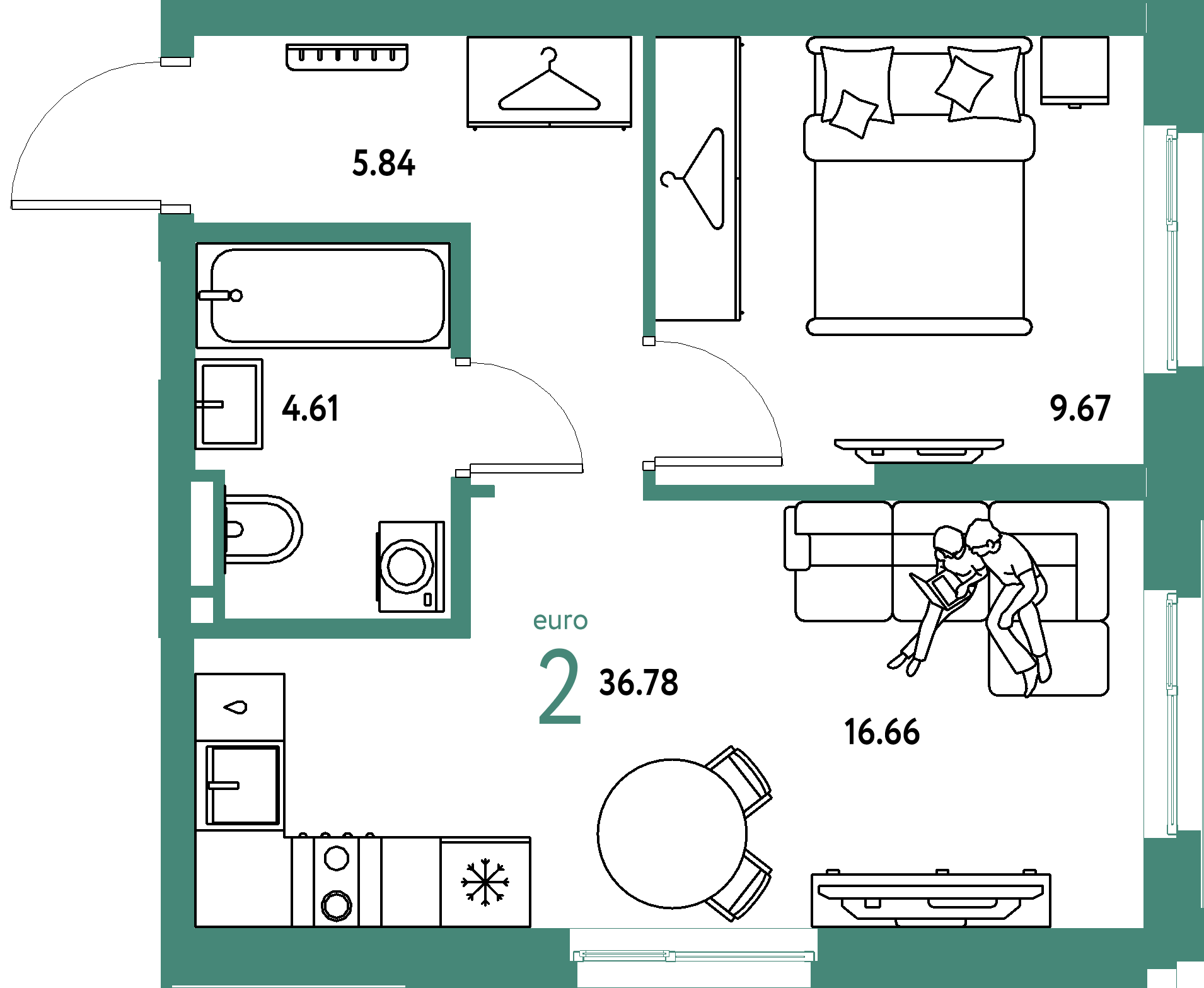 ЖК "Уральский сад"-2-комнатная 36.78 м²