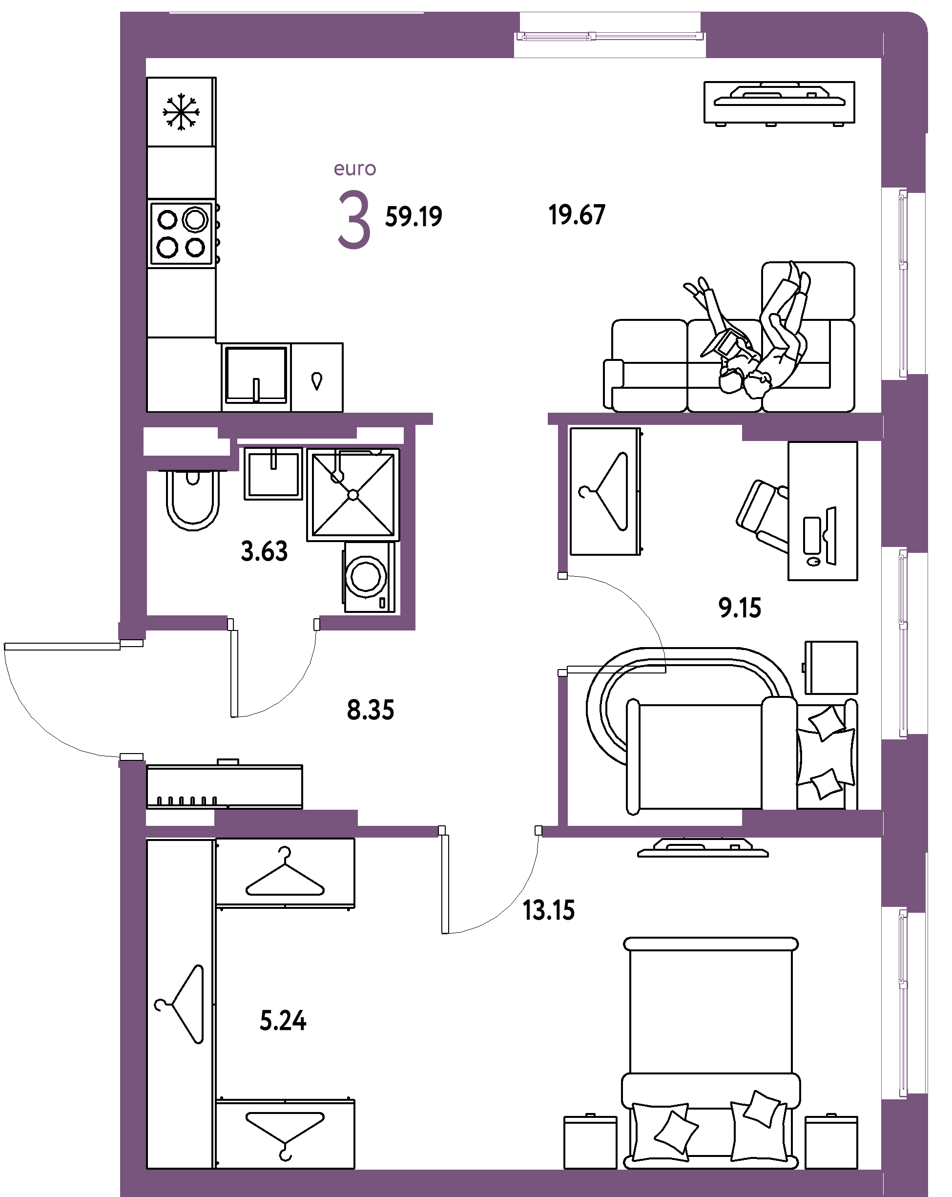 ЖК "Уральский сад"-3-комнатная 59.19 м²