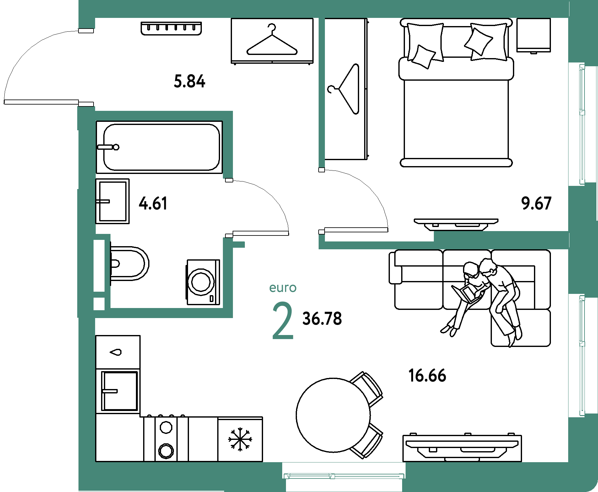 ЖК "Уральский сад"-2-комнатная 36.78 м²