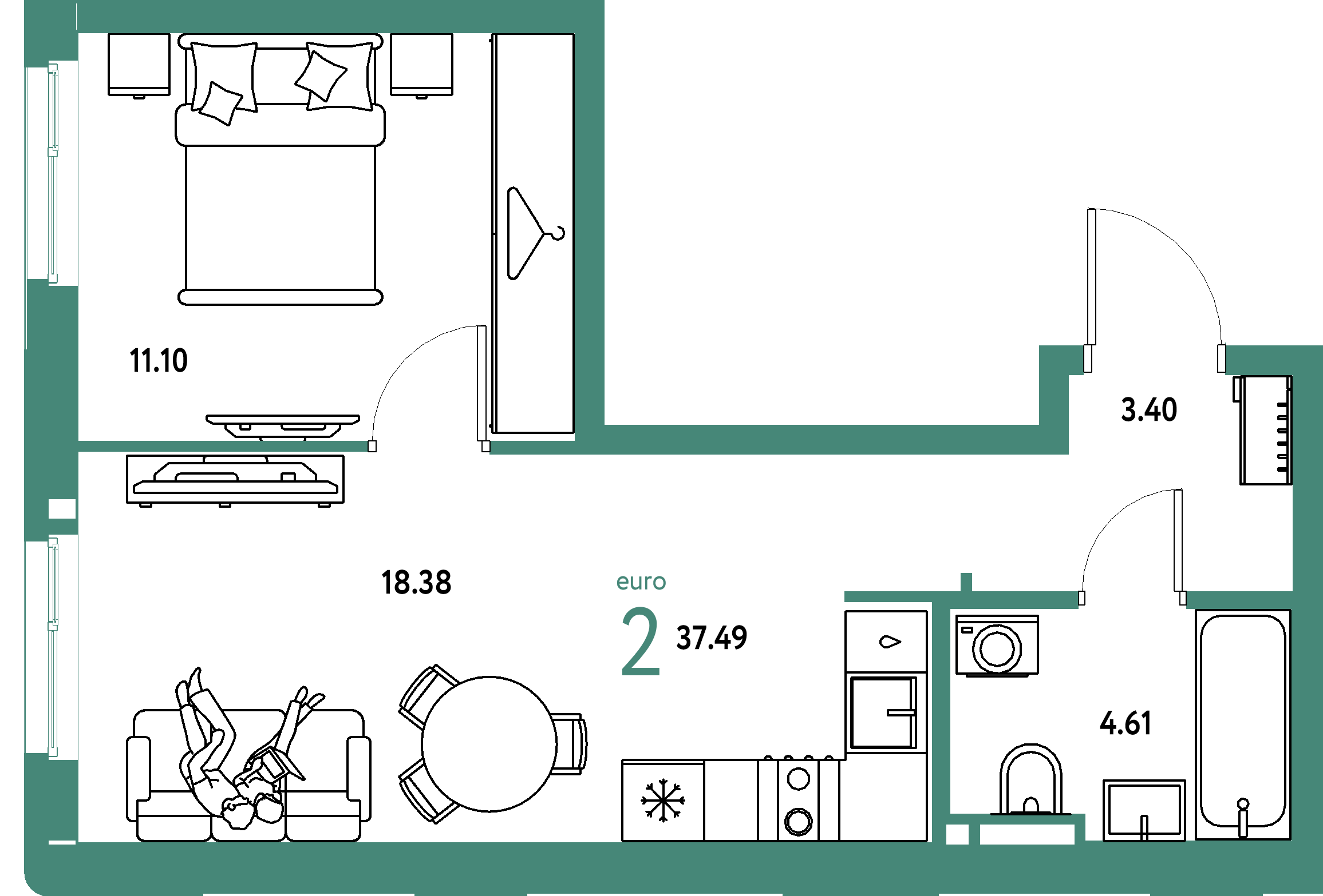 ЖК "Уральский сад"-2-комнатная 37.49 м²