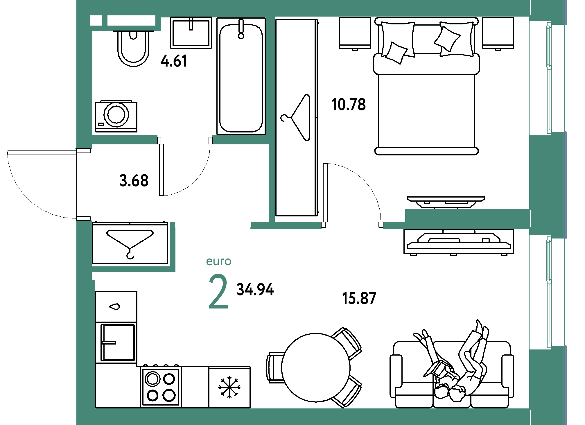ЖК "Уральский сад"-2-комнатная 34.94 м²