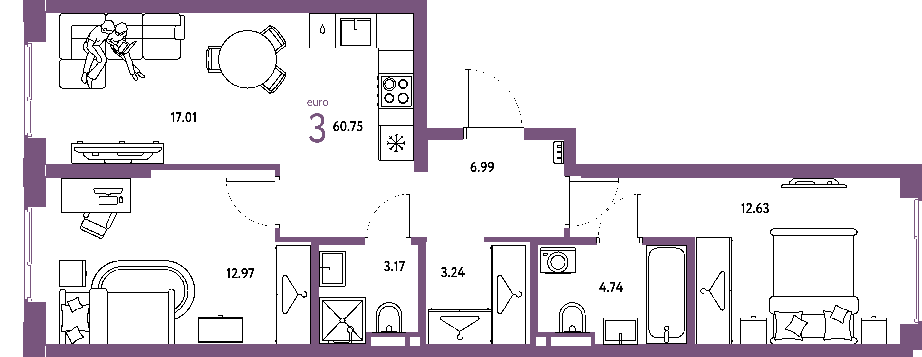 ЖК "Уральский сад"-3-комнатная 60.75 м²