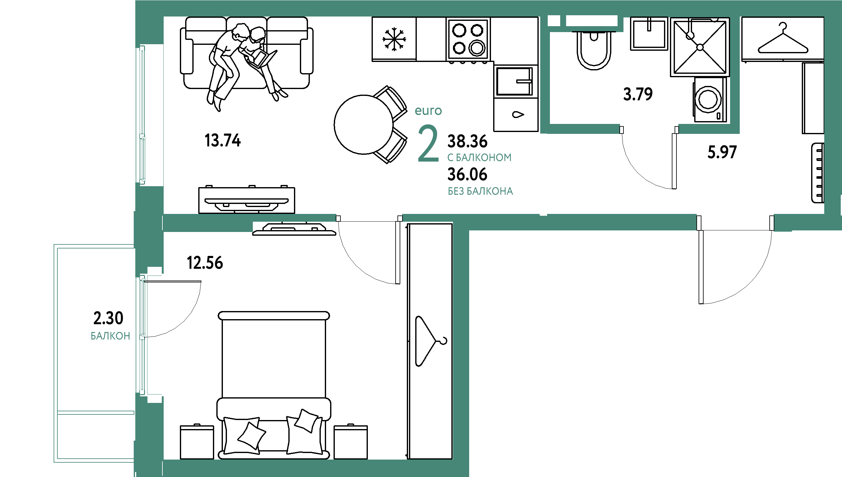 ЖК "Уральский сад"-2-комнатная 38.36 м²