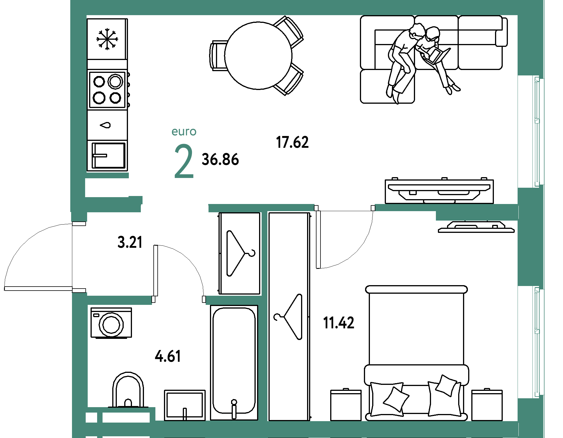 ЖК "Уральский сад"-2-комнатная 36.86 м²