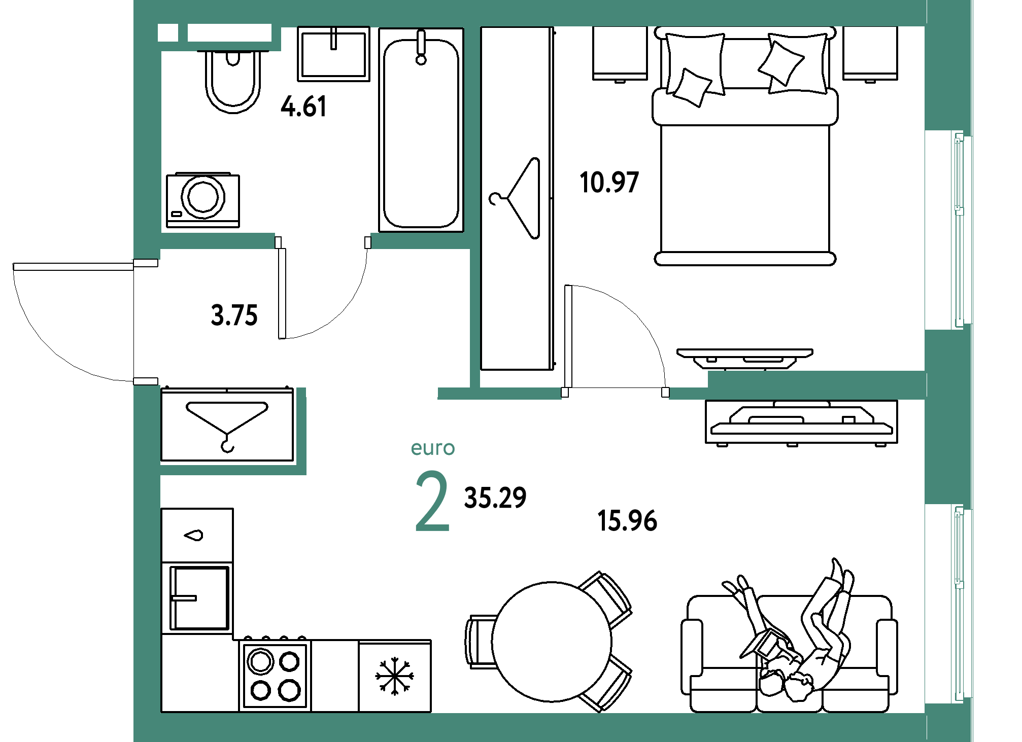 ЖК "Уральский сад"-2-комнатная 35.29 м²