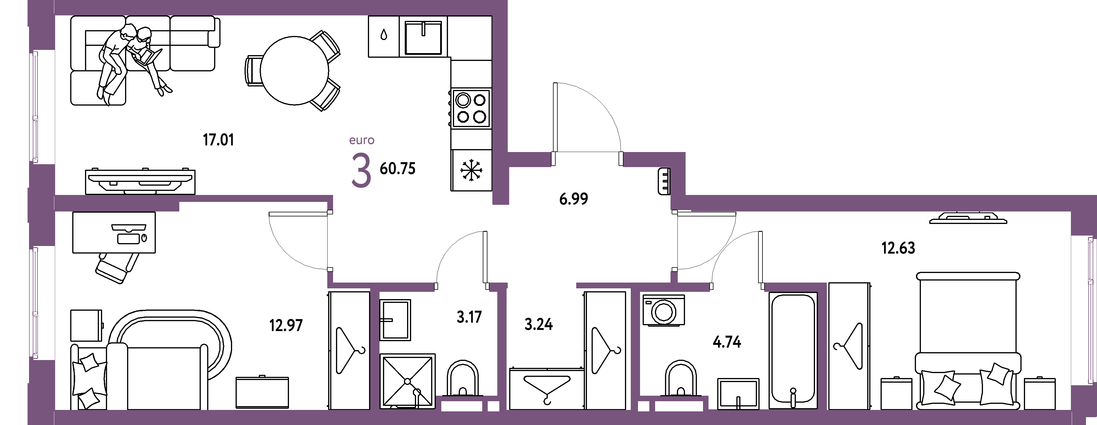 ЖК "Уральский сад"-3-комнатная 60.75 м²