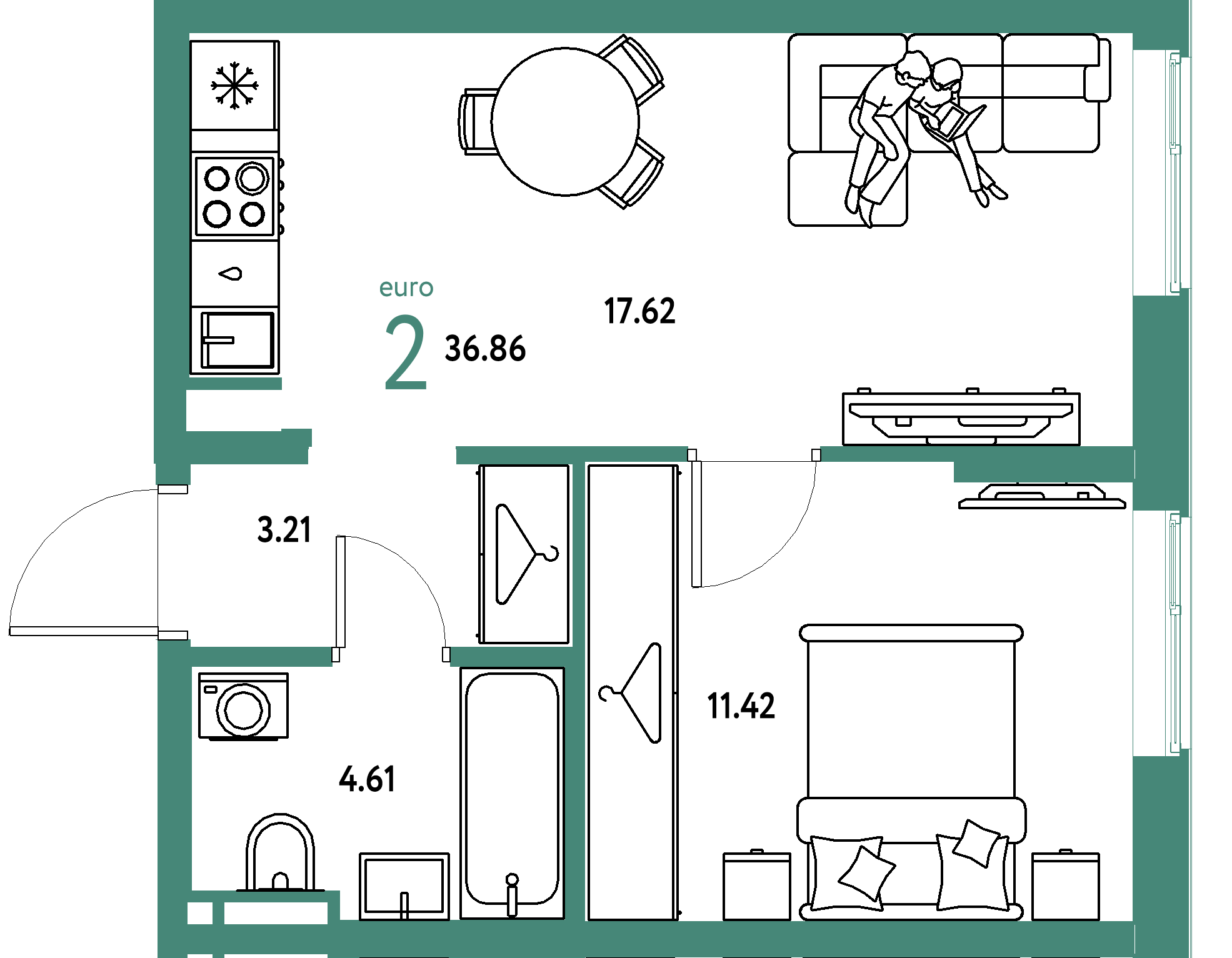 ЖК "Уральский сад"-2-комнатная 36.86 м²