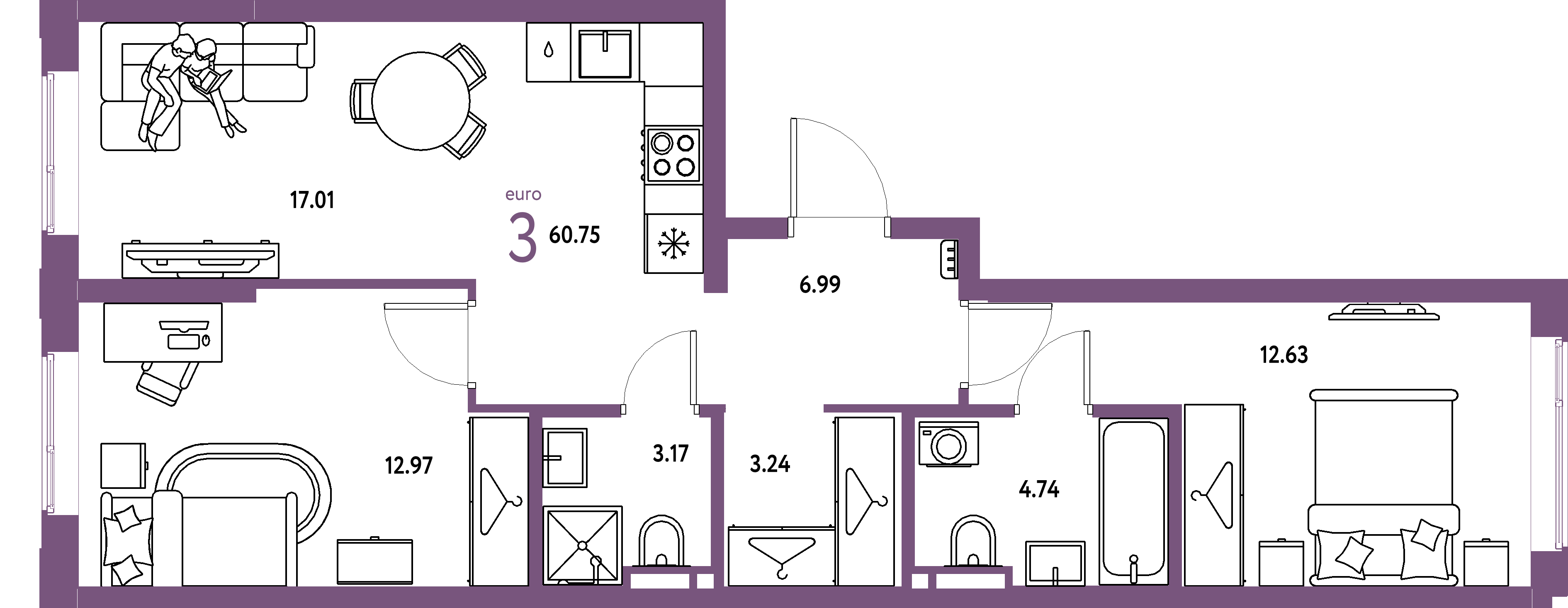 ЖК "Уральский сад"-3-комнатная 60.75 м²
