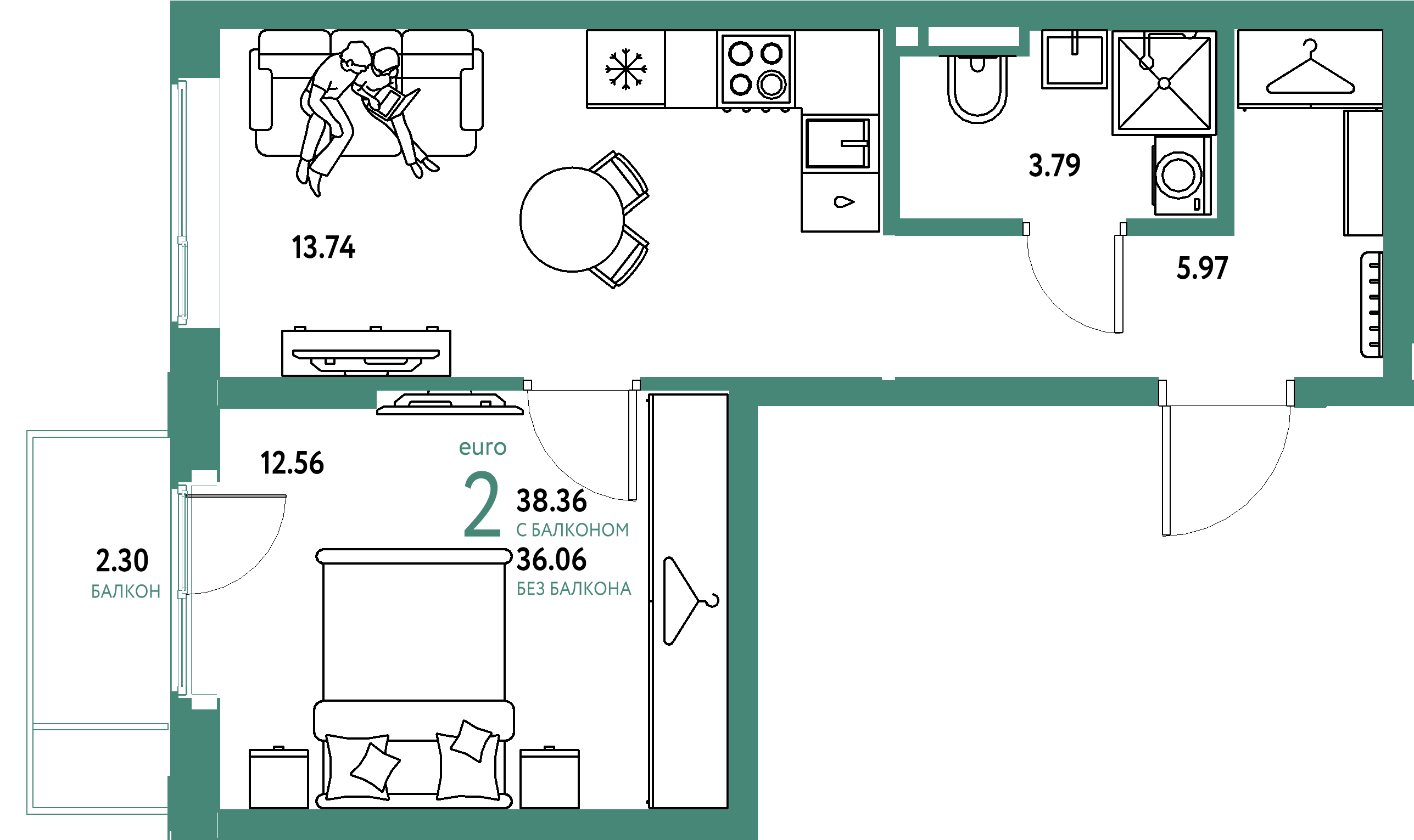 ЖК "Уральский сад"-2-комнатная 38.36 м²