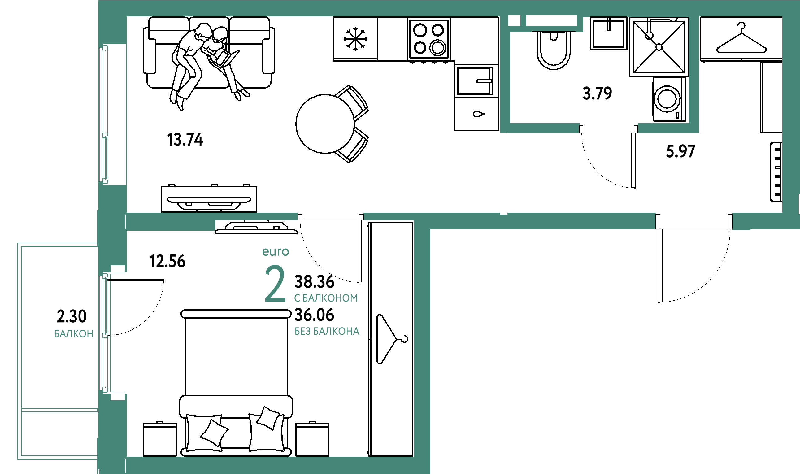ЖК "Уральский сад"-2-комнатная 38.36 м²