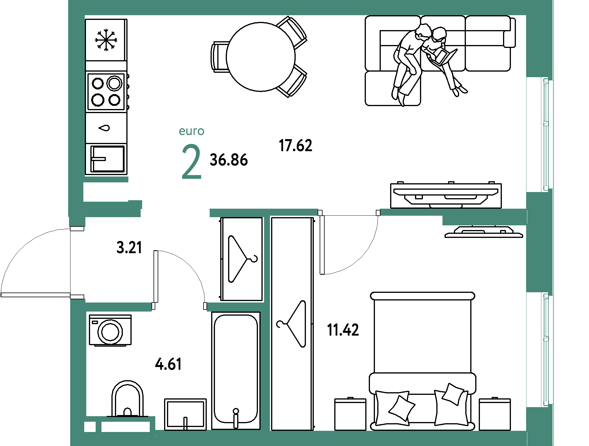 ЖК "Уральский сад"-2-комнатная 36.86 м²