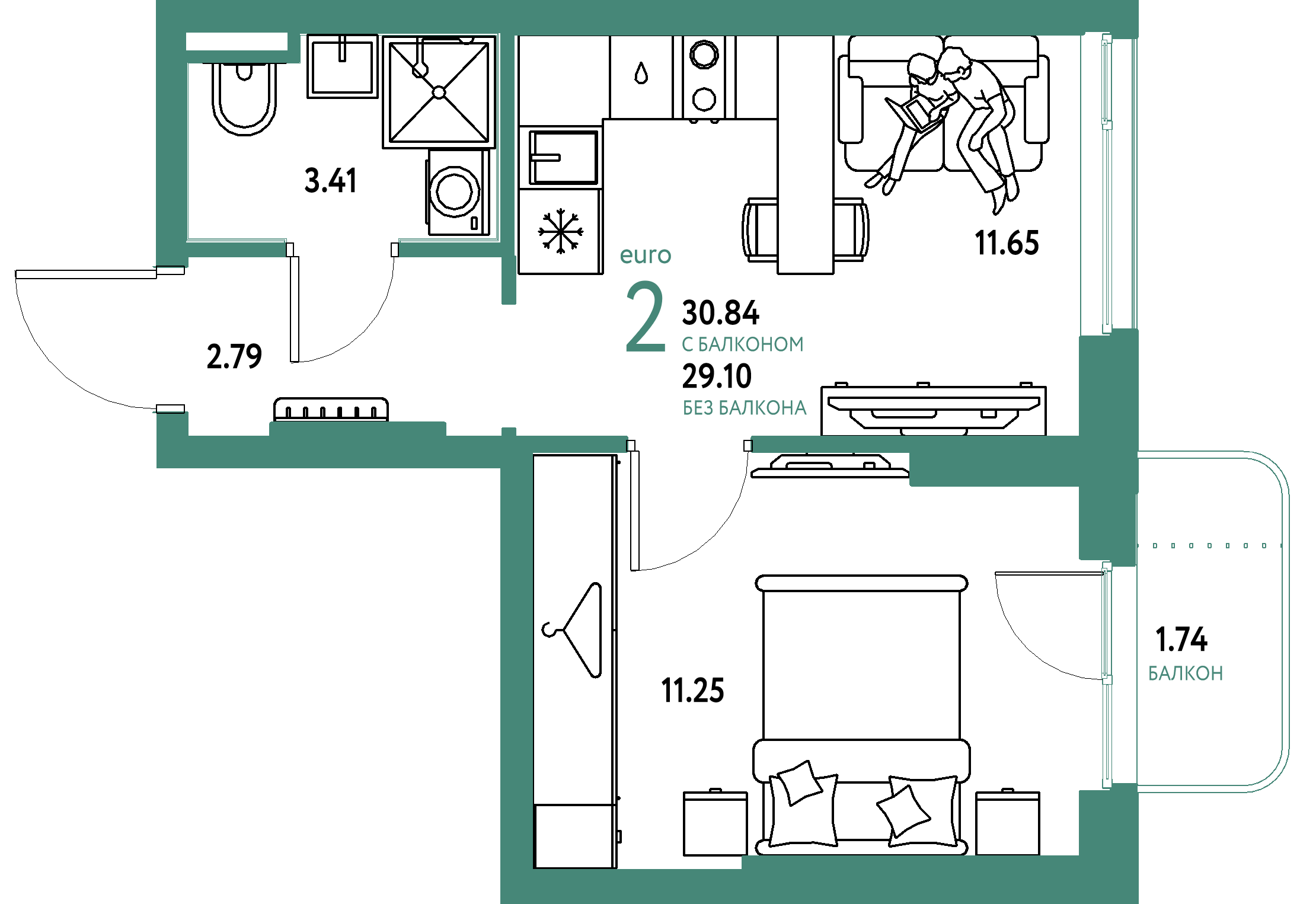 ЖК "Уральский сад"-2-комнатная 30.84 м²