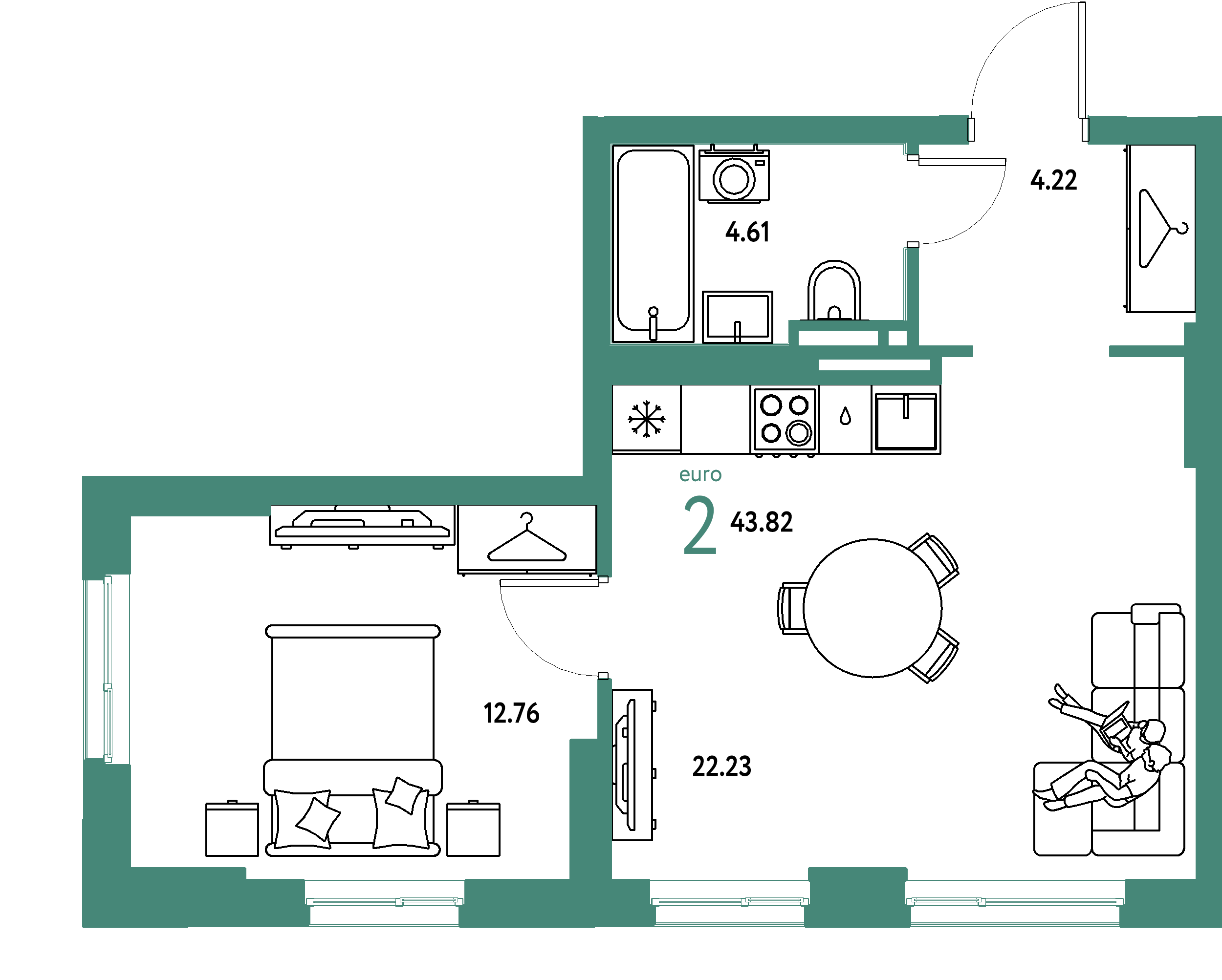 ЖК "Уральский сад"-2-комнатная 43.82 м²