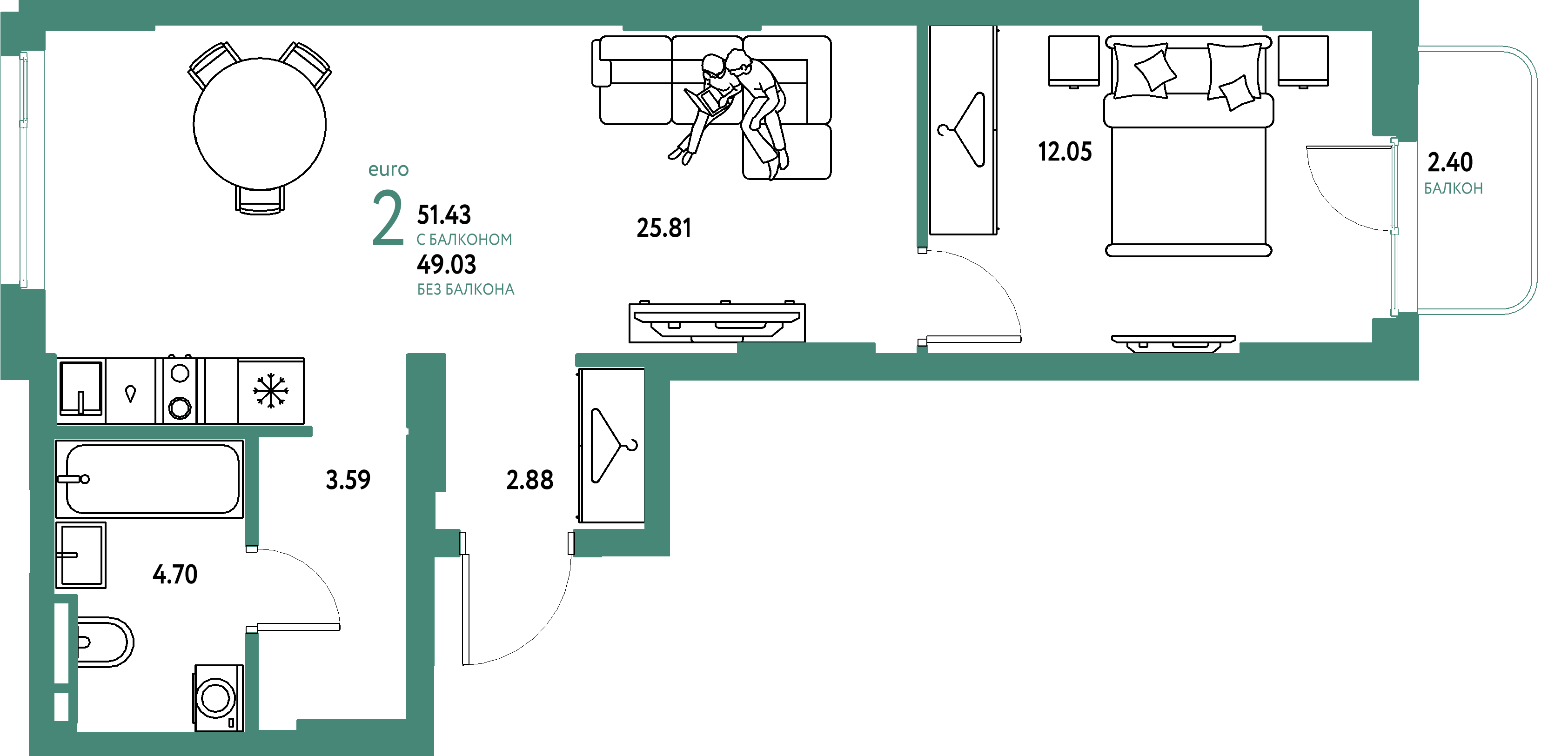 ЖК "Уральский сад"-2-комнатная 51.43 м²