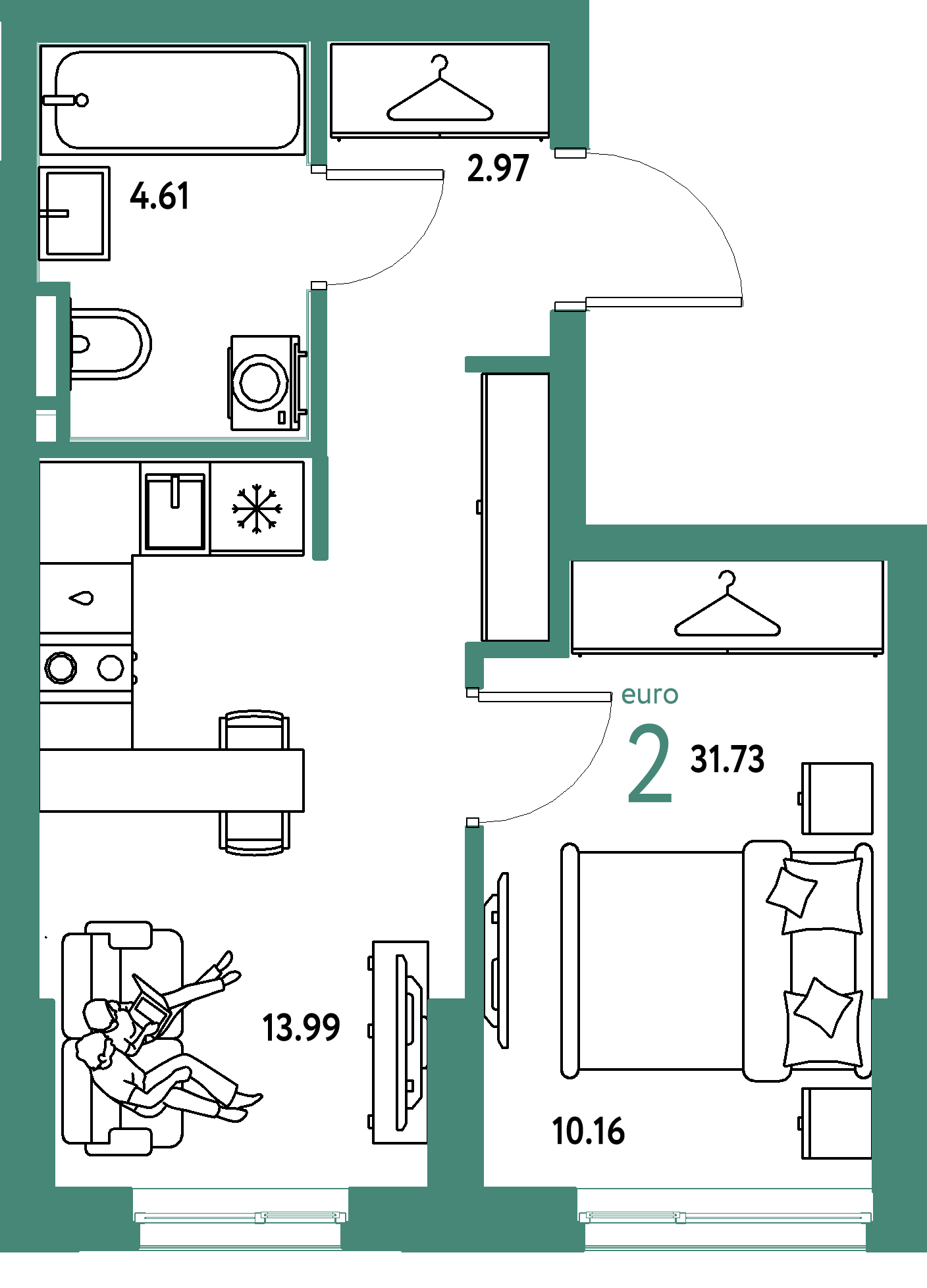 ЖК "Уральский сад"-2-комнатная 31.73 м²