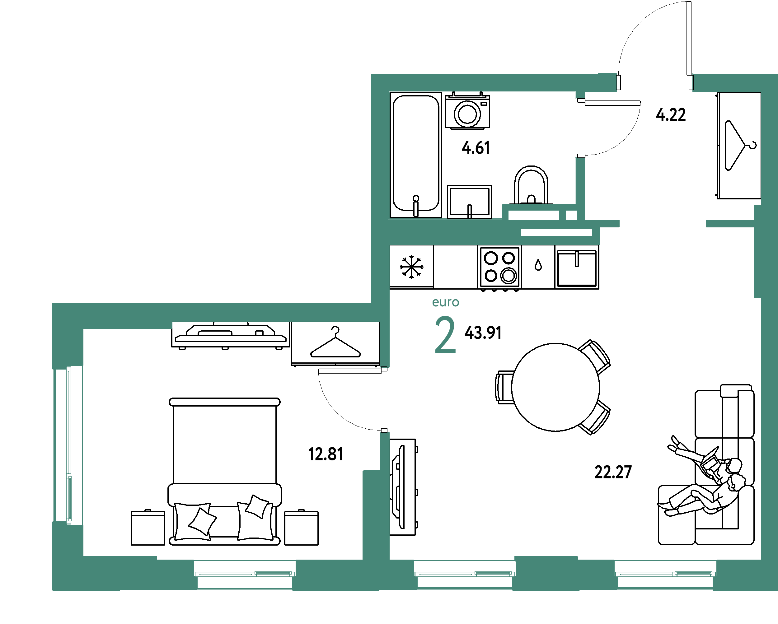 ЖК "Уральский сад"-2-комнатная 43.91 м²