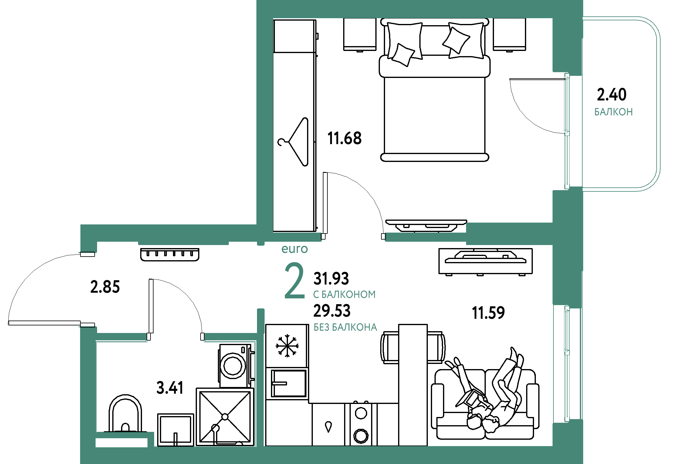 ЖК "Уральский сад"-2-комнатная 31.93 м²