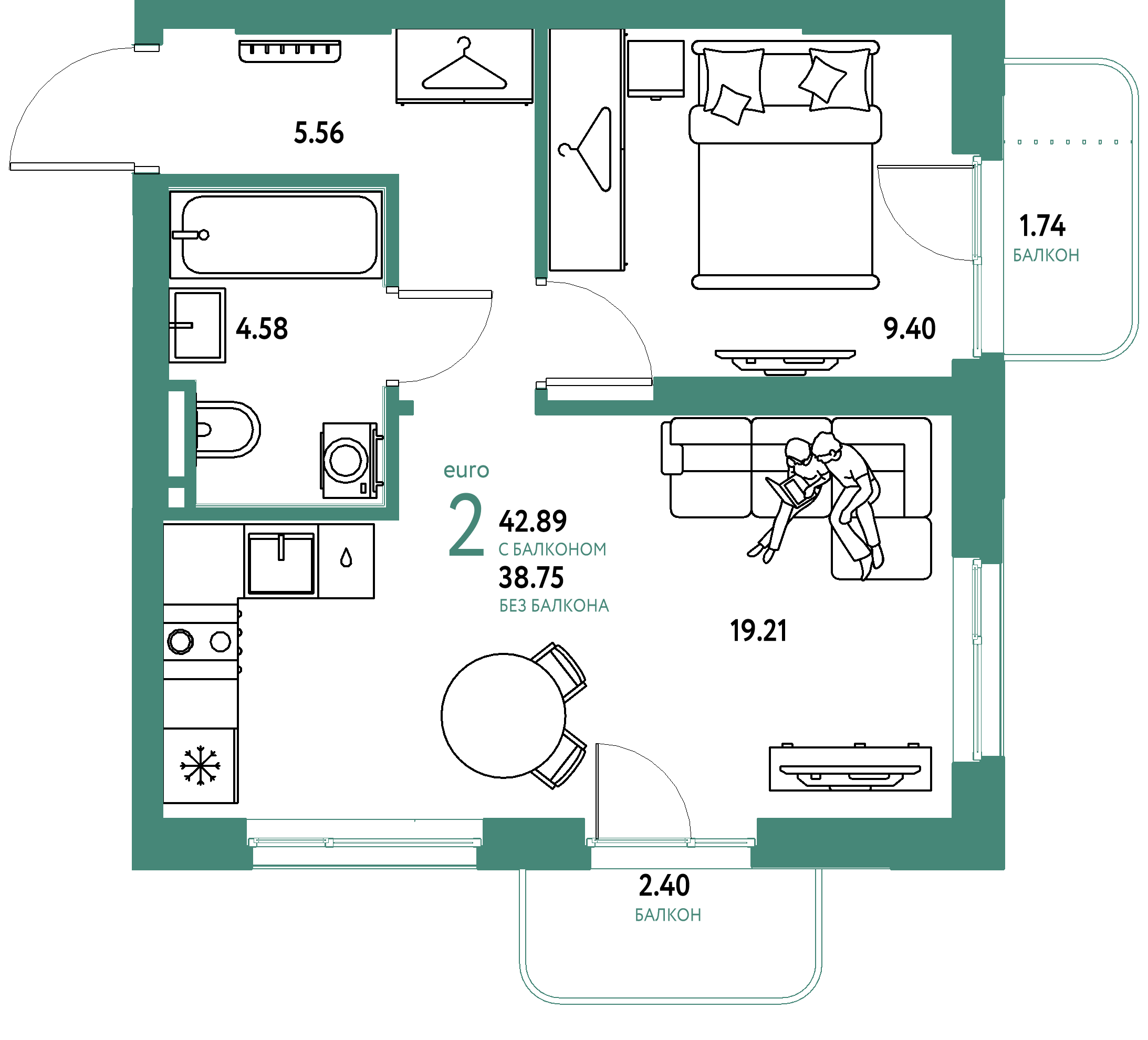 ЖК "Уральский сад"-2-комнатная 42.89 м²