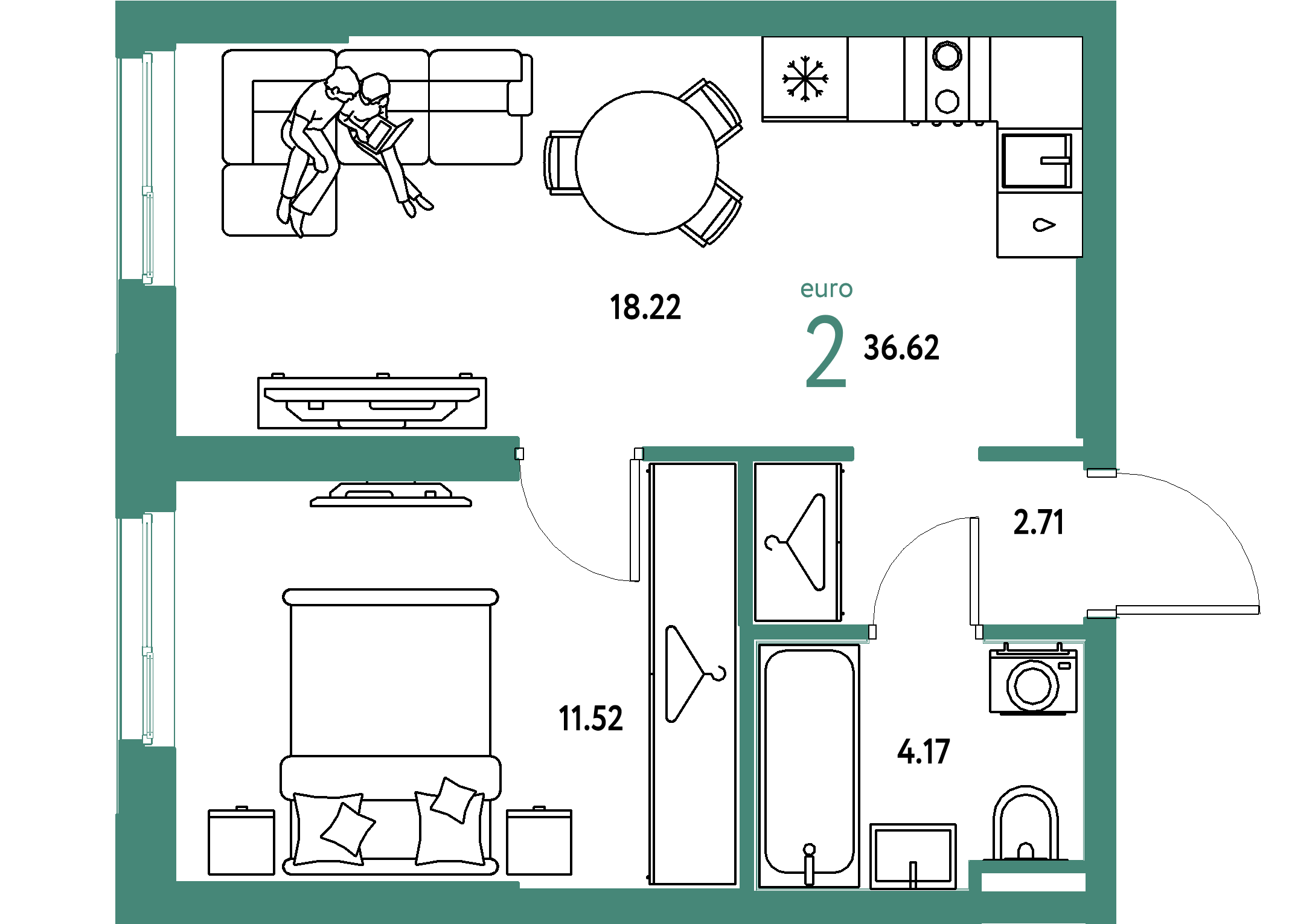 ЖК "Уральский сад"-2-комнатная 36.62 м²