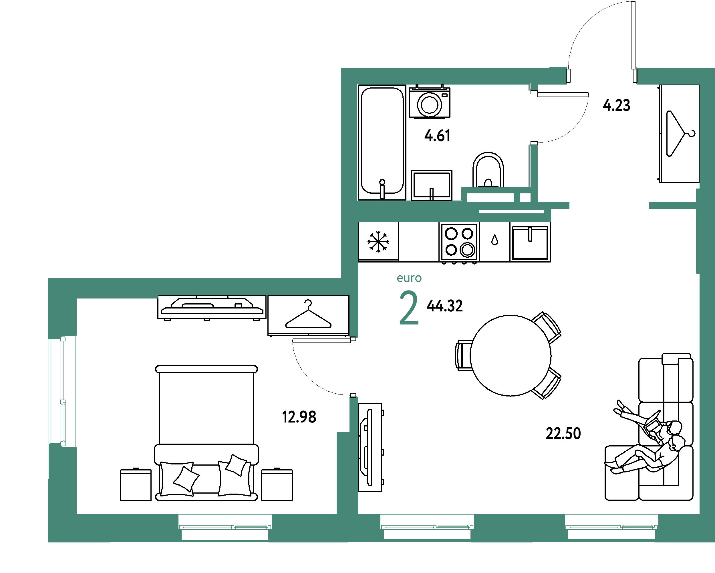 ЖК "Уральский сад"-2-комнатная 44.32 м²