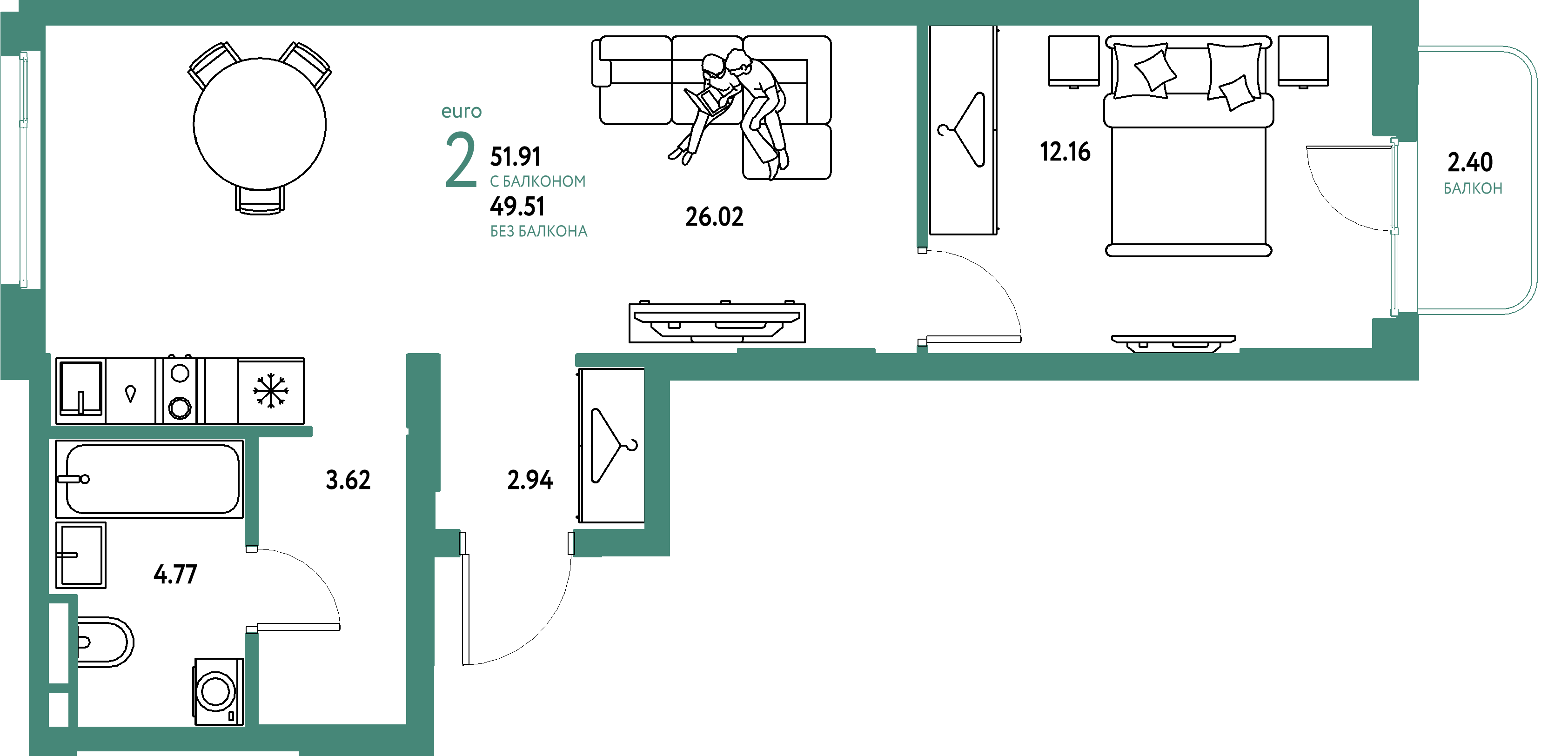 ЖК "Уральский сад"-2-комнатная 51.91 м²
