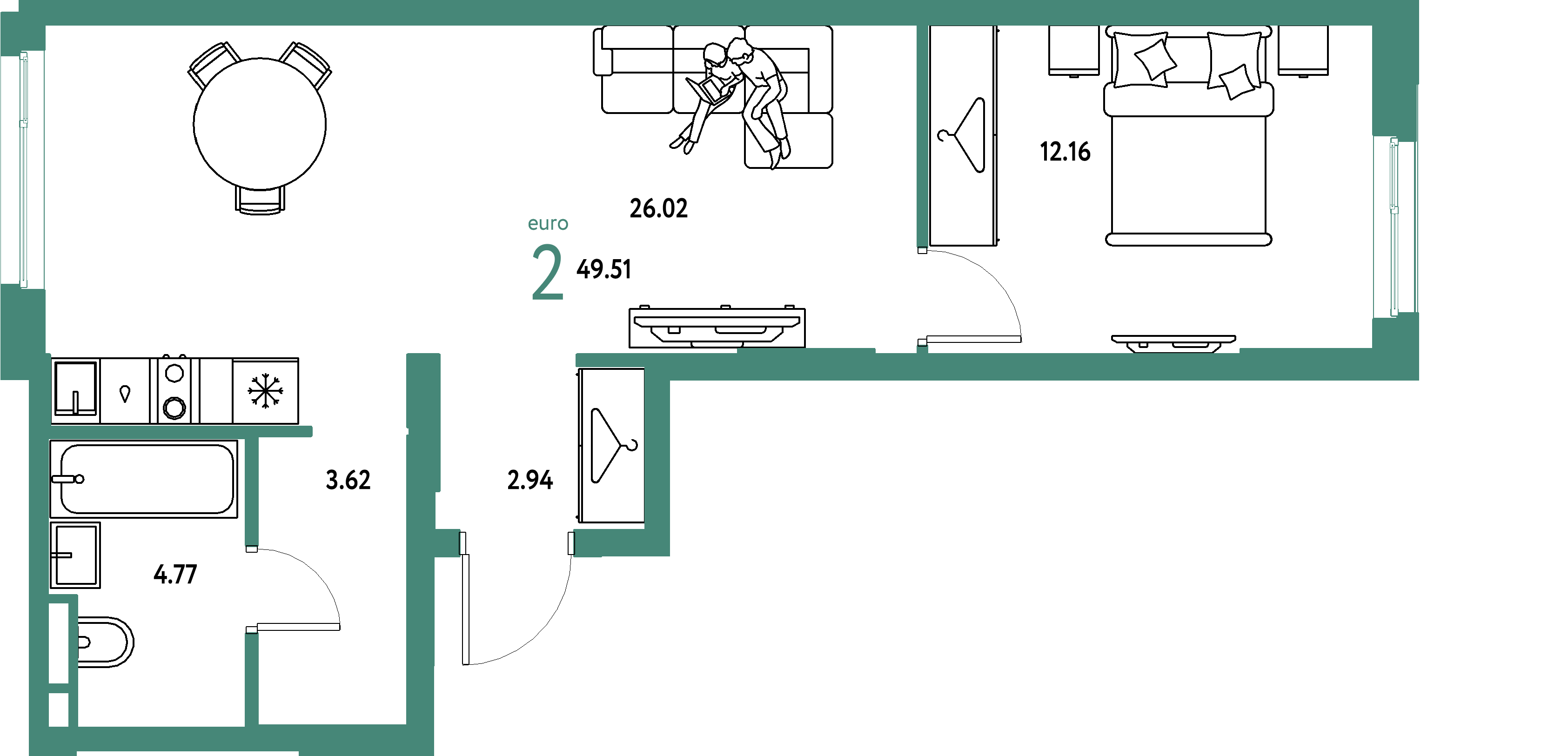ЖК "Уральский сад"-2-комнатная 49.51 м²