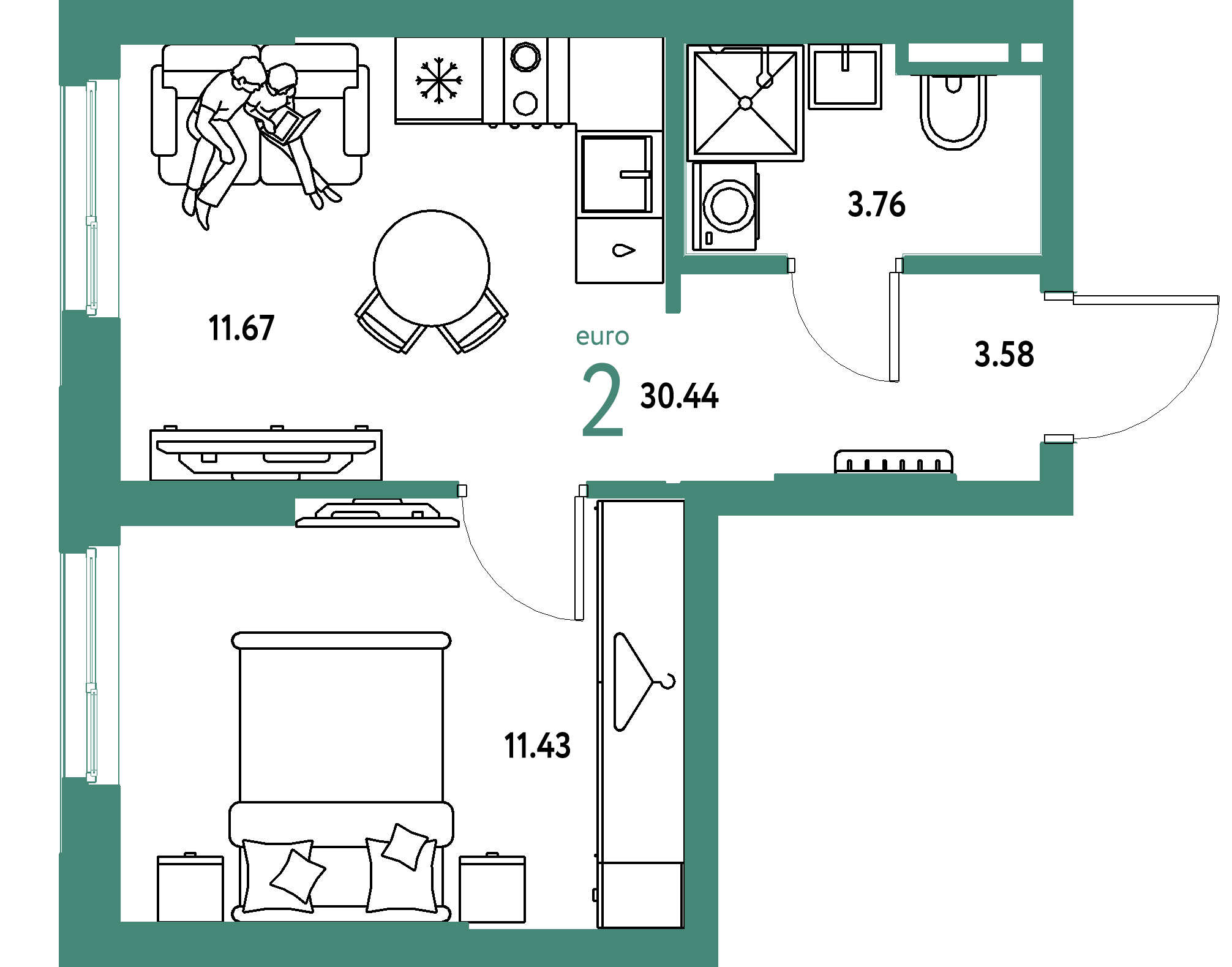 ЖК "Уральский сад"-2-комнатная 30.44 м²