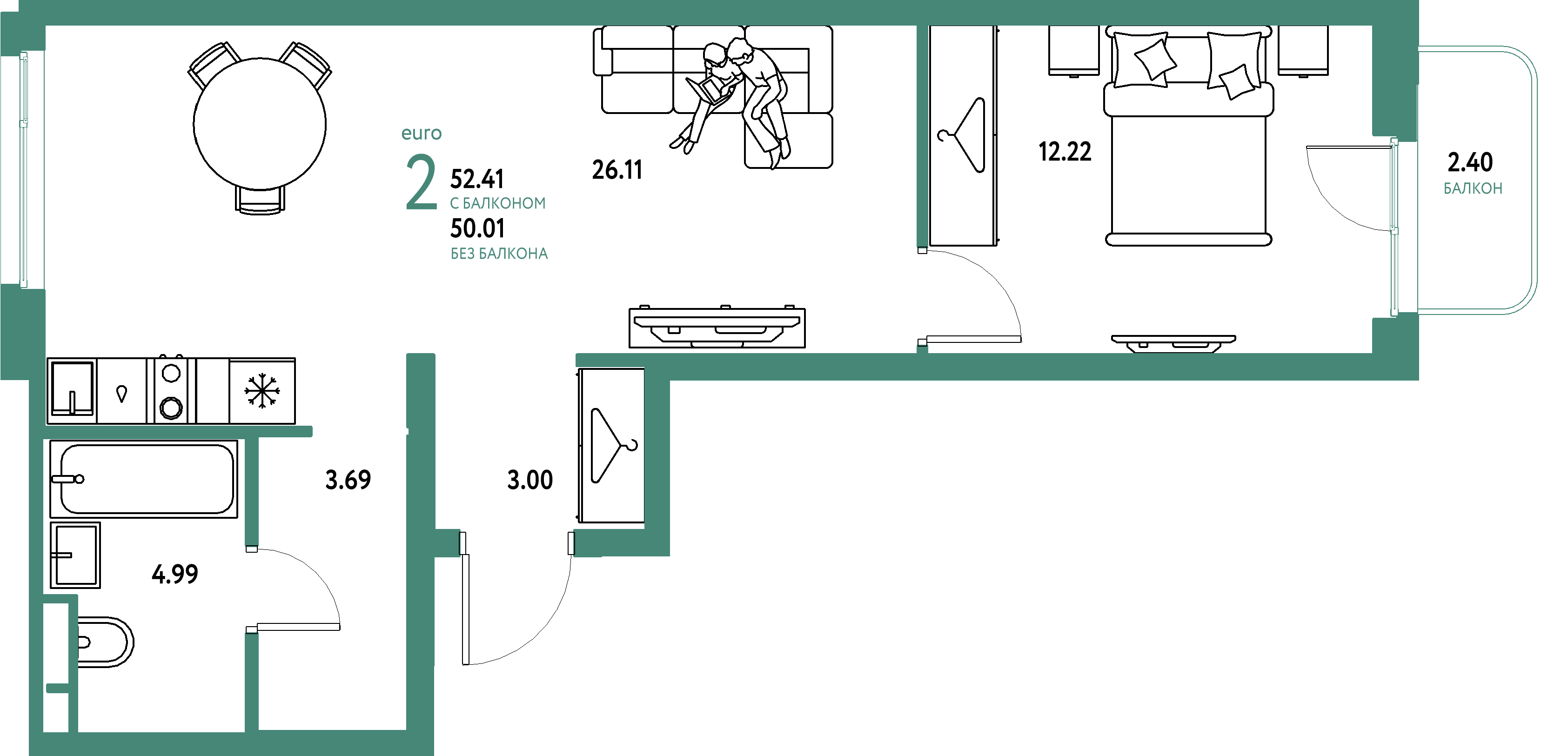 ЖК "Уральский сад"-2-комнатная 52.41 м²