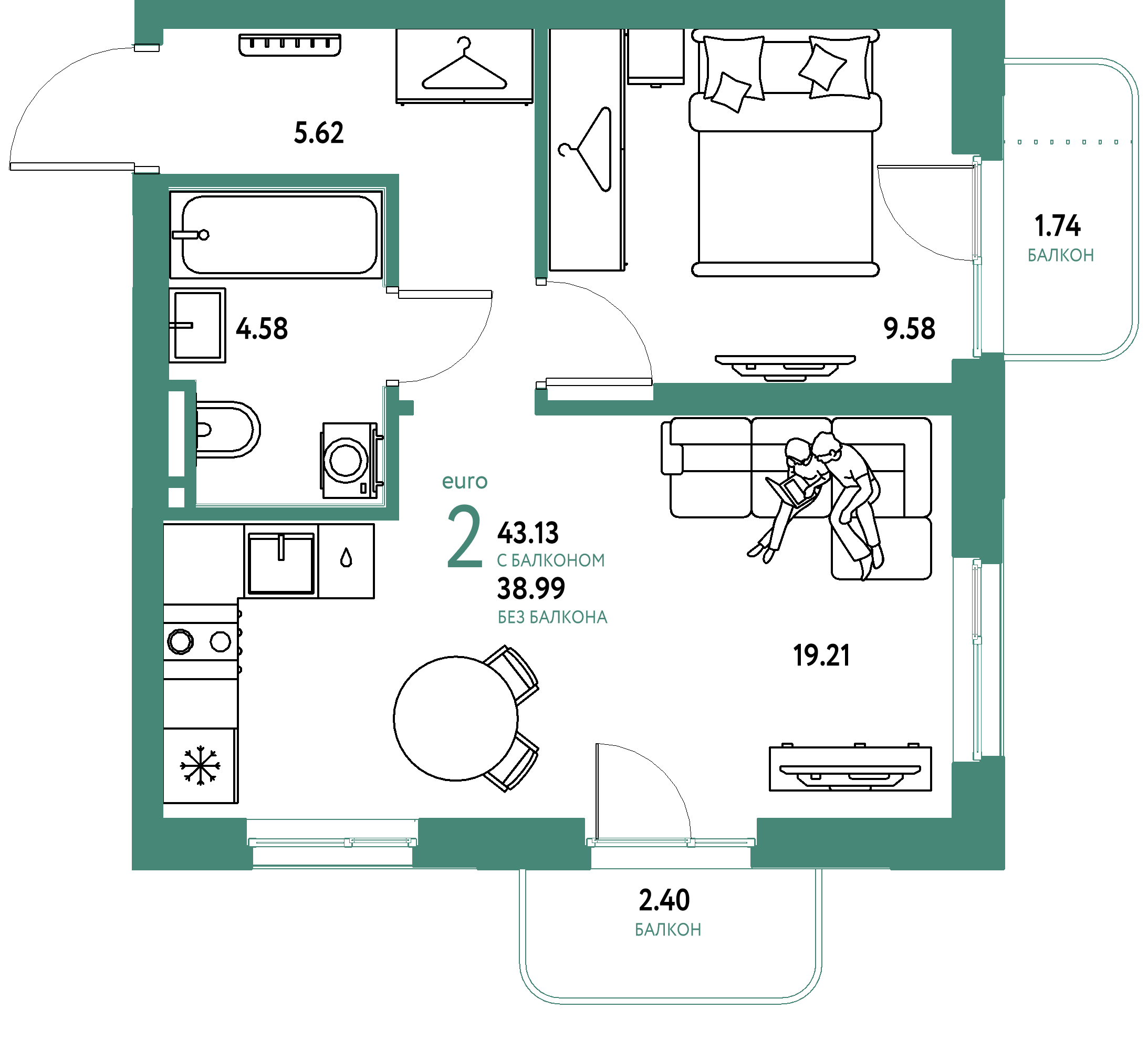 ЖК "Уральский сад"-2-комнатная 43.13 м²